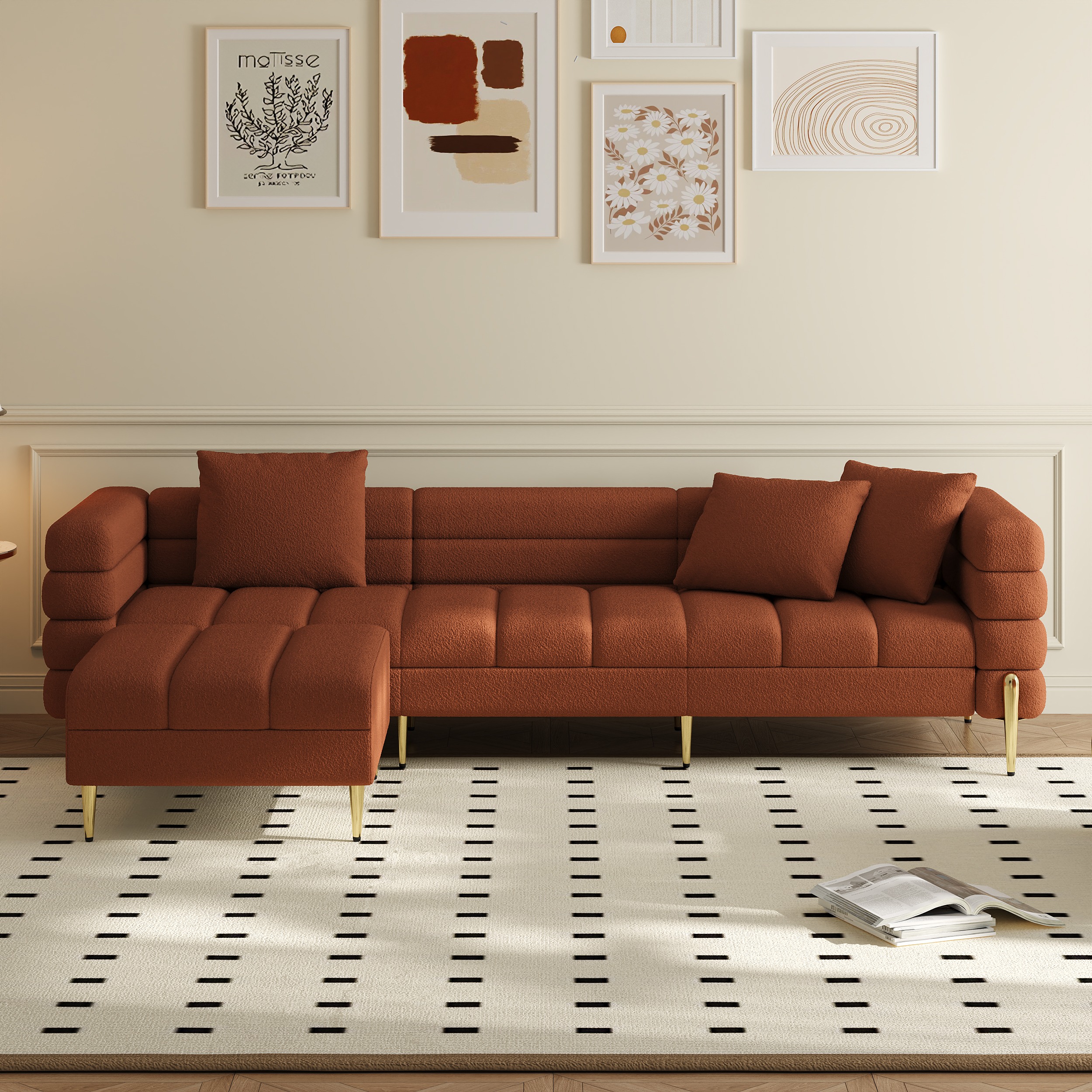 91" Boucle Modular 4-Piece L-Shaped Couch with Chaise Modern 3-Seater Sofa