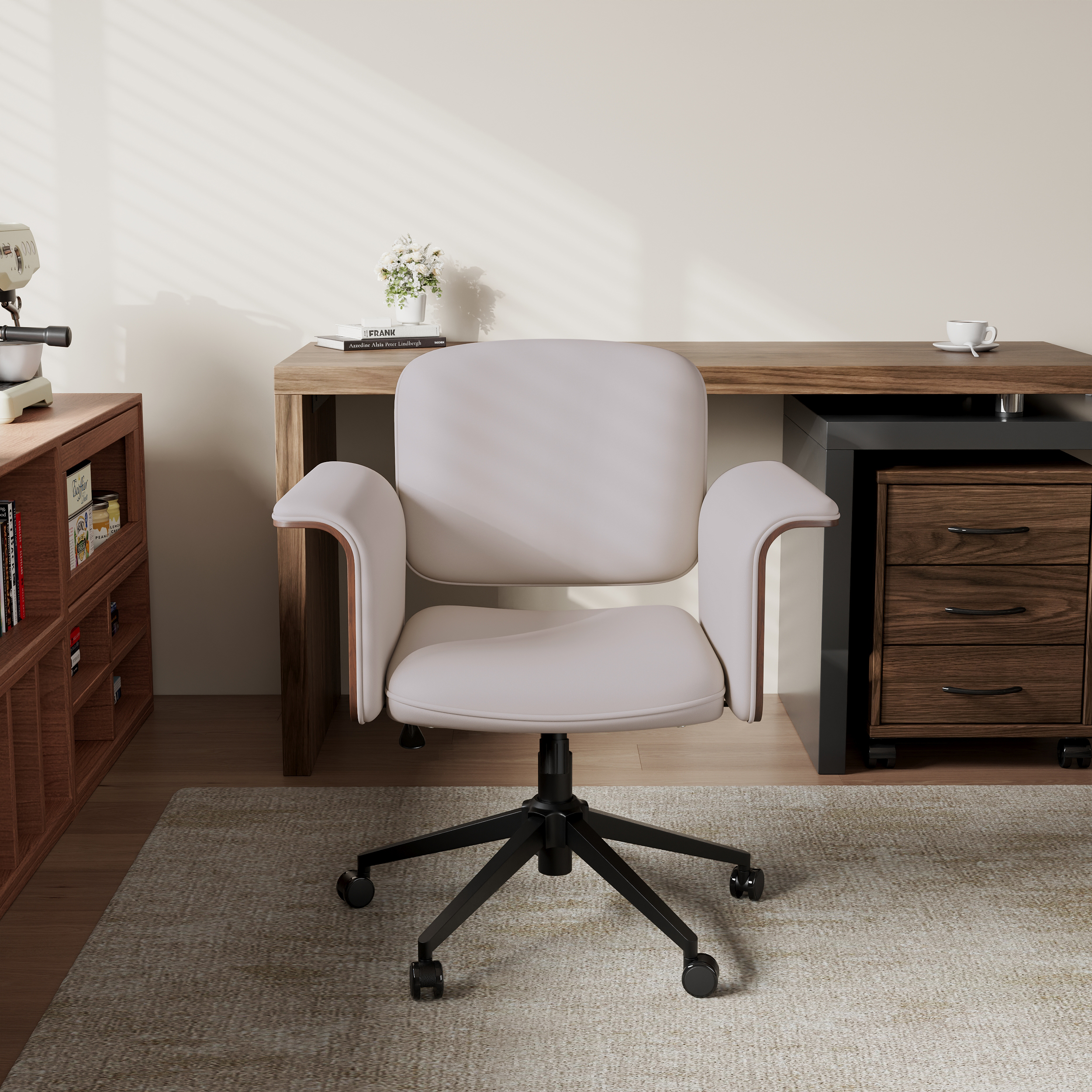 Adjustable Swivel Office Chair Wood & Faux Leather Ergonomic Office Desk Chair in Khaki