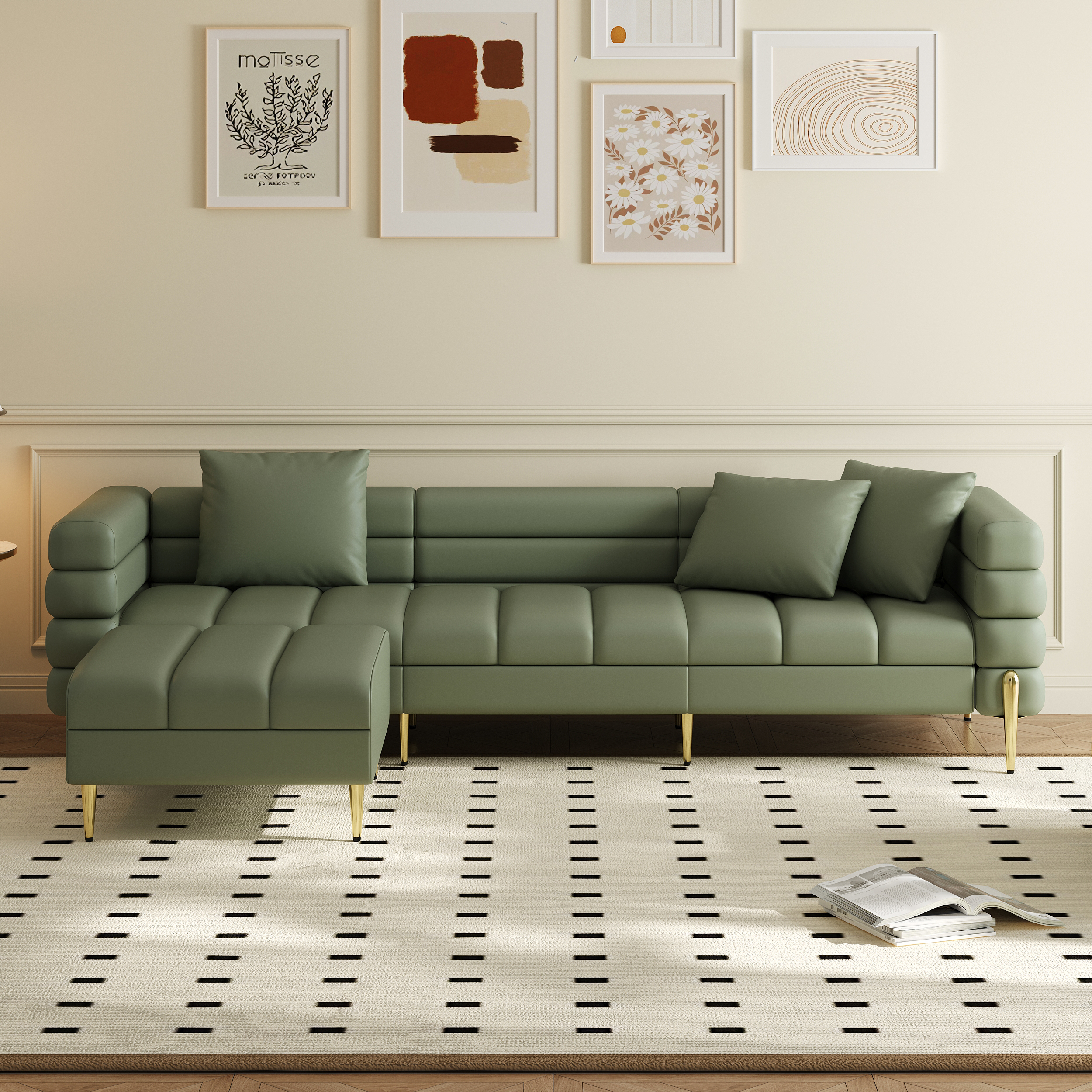 91" Faux Leather Modular 4-Piece L-Shaped Couch with Chaise Modern 3-Seater Sofa