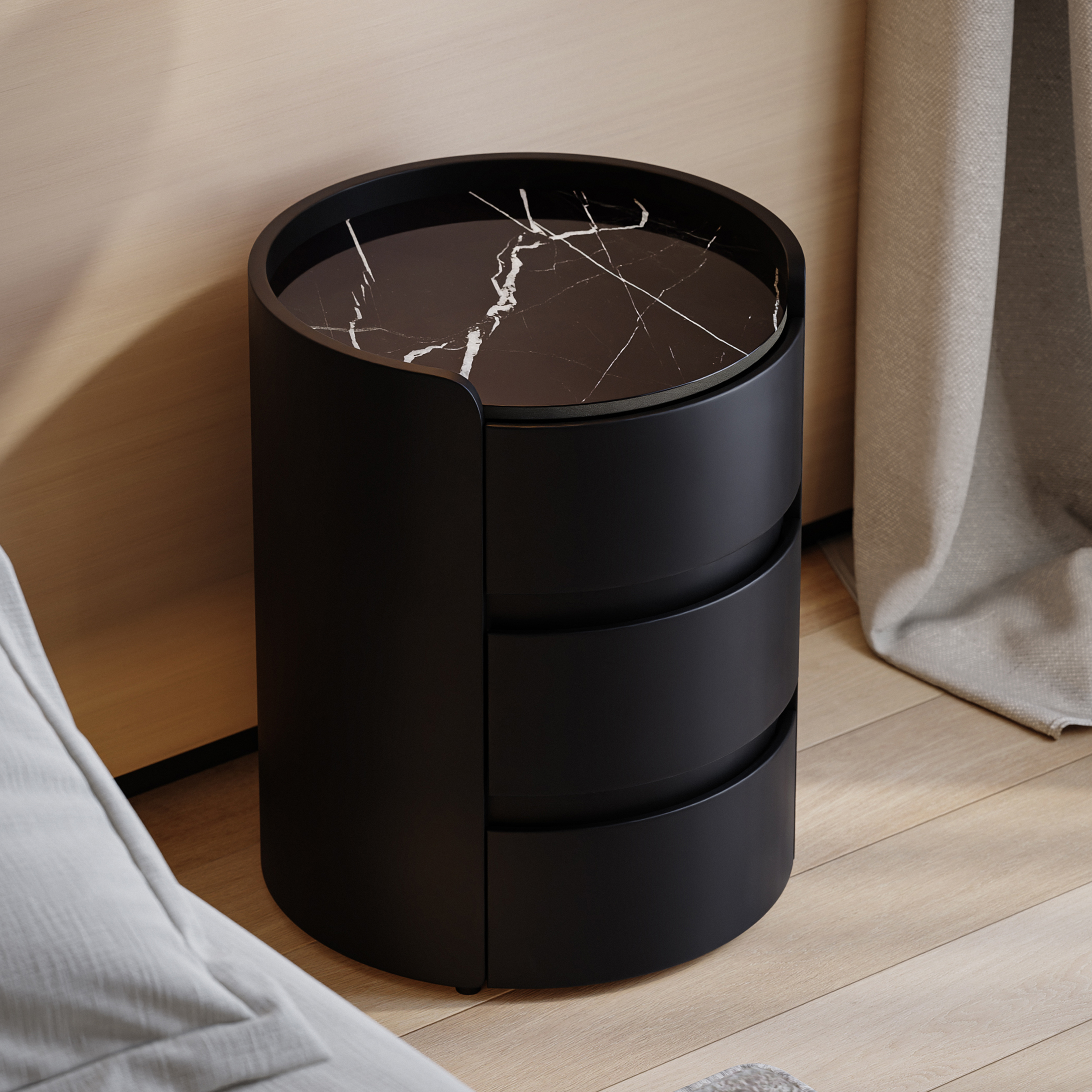 Modern White Leather 3-Drawer Nightstand Sintered Stone Top Round Bedside table