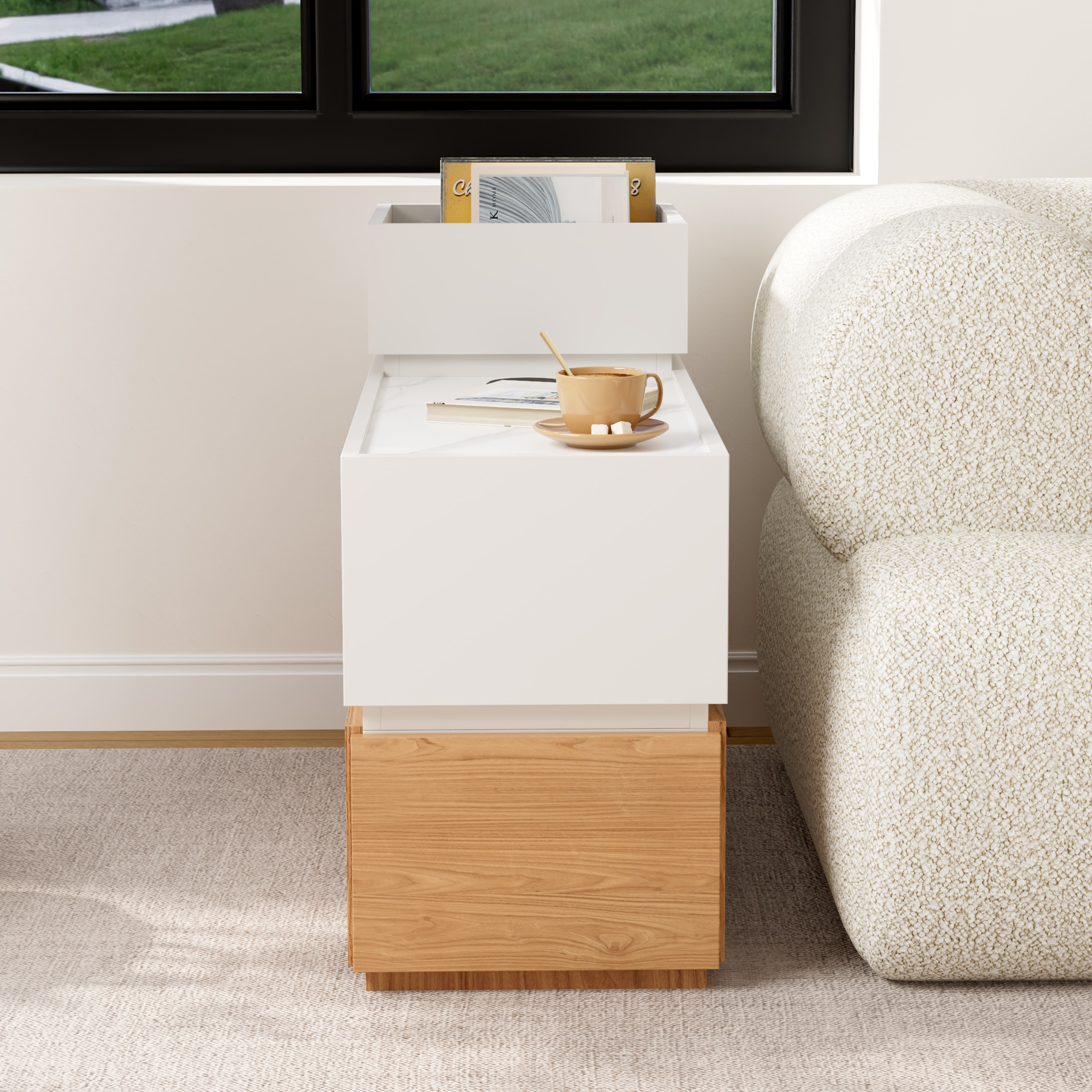 Sintered Stone Top Narrow Smart Side Table with Storage Modern White & Natural End Table with USB