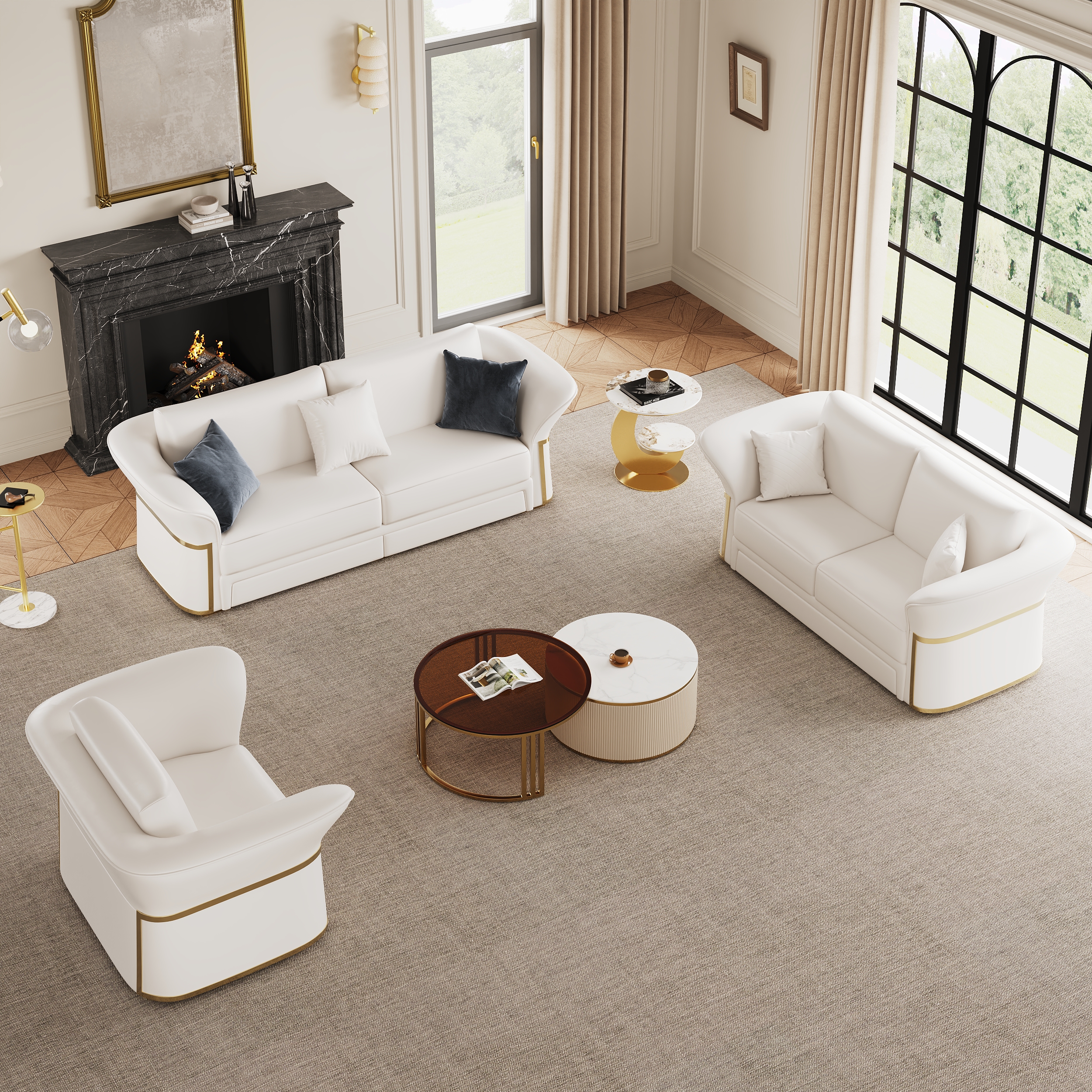 Modern Faux Leather Living Room Sofa Set in White Set of 3