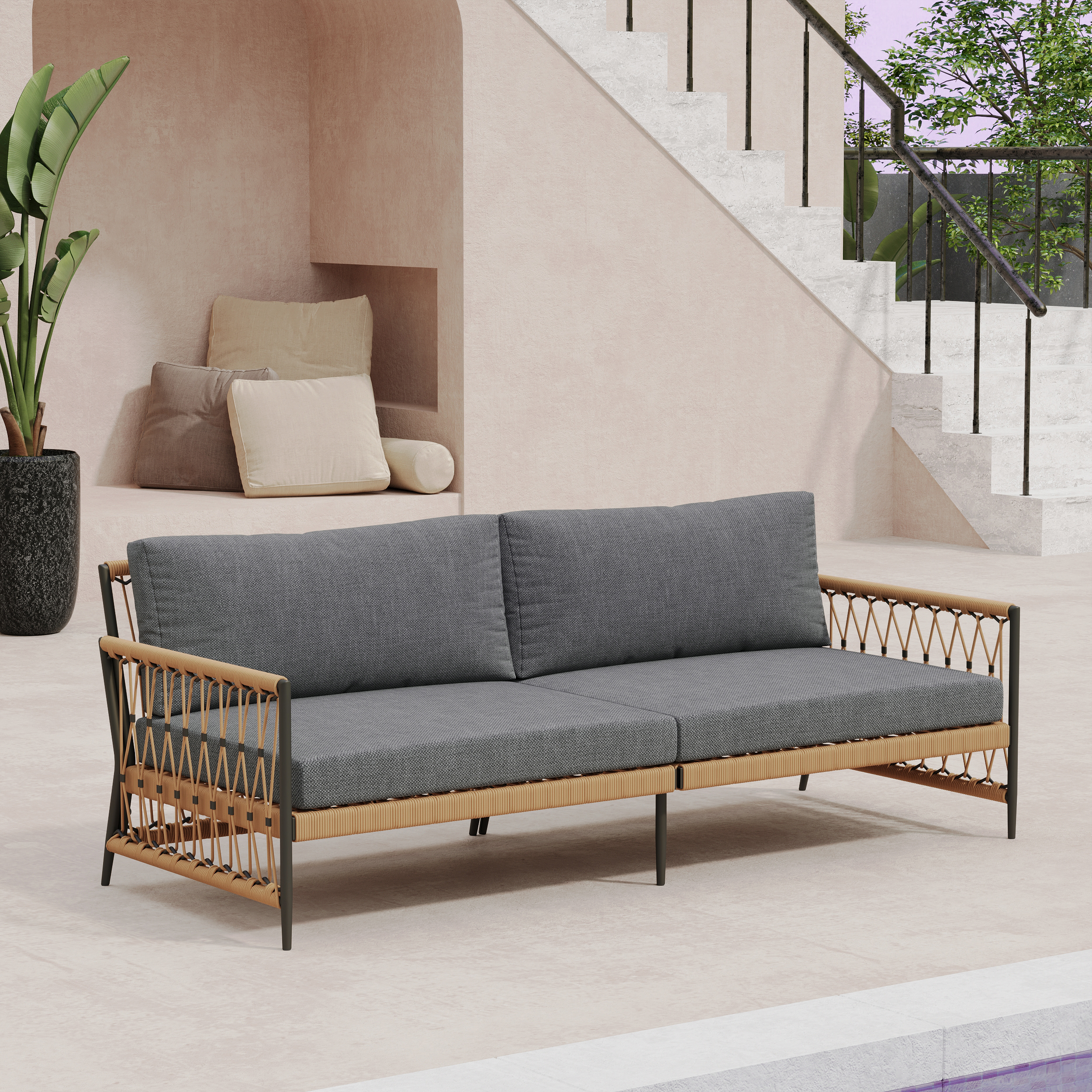 Ropipe Woven Rope Outdoor Sofa 3-Seater Sofa with Dark Gray Polyester Pillow Cushion