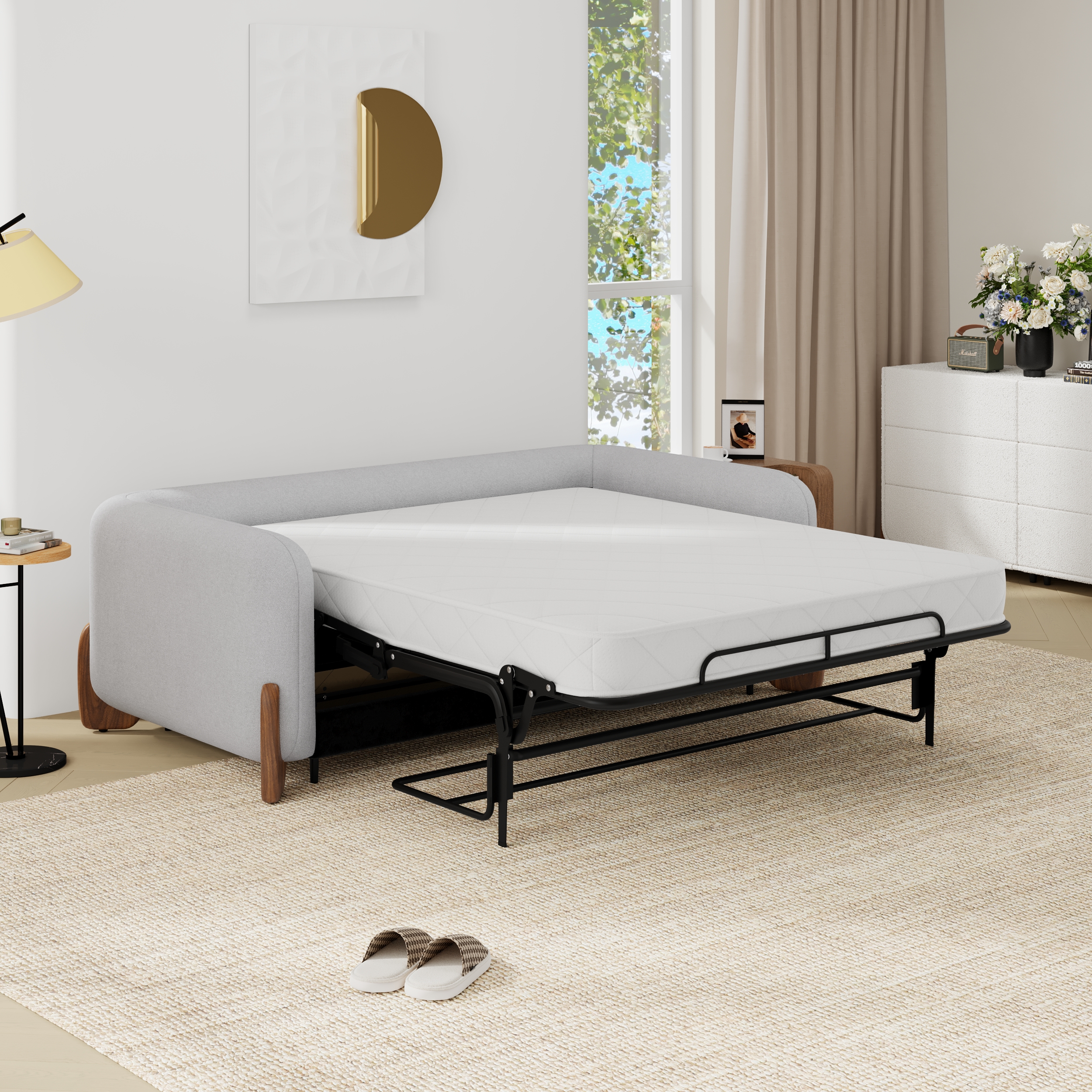 83" Curva Queen Linen Pop Up Sleeper Sofa with Mattress Mid Century Modern Sofa Bed