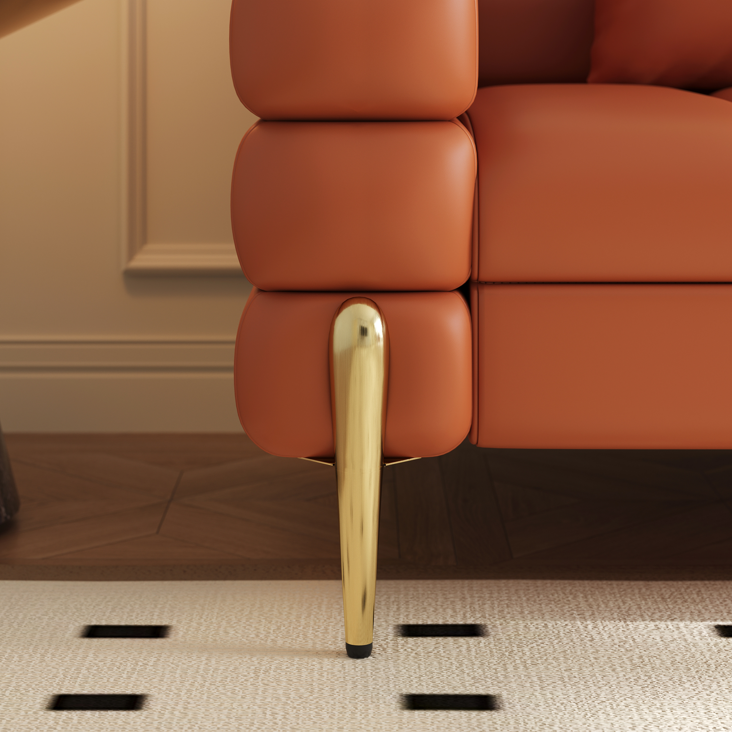 Canapé sectionnel Axial de 231 cm en cuir performant 2 pièces avec pouf, pieds dorés et oreillers image de vente