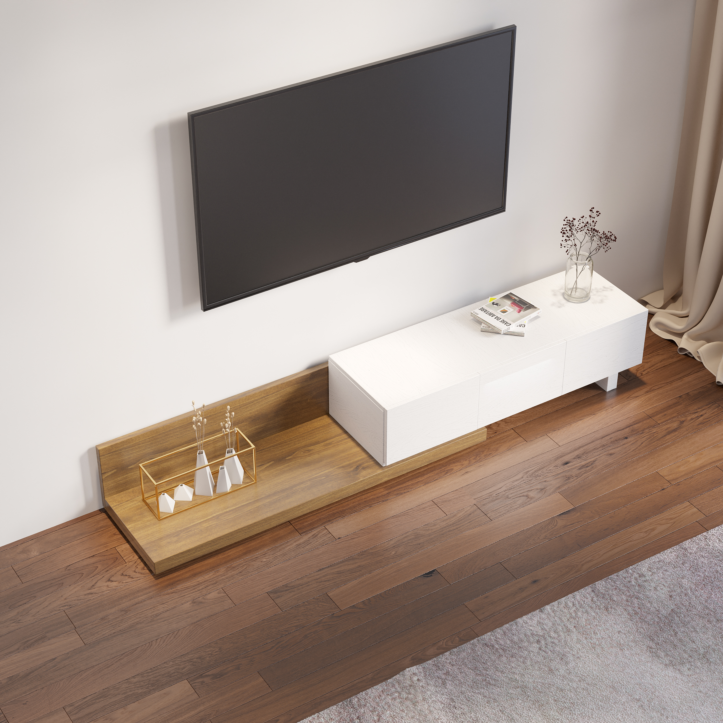 Homary Rectangle Wood Extendable TV Stand White & Walnut Floor Media Console with 3