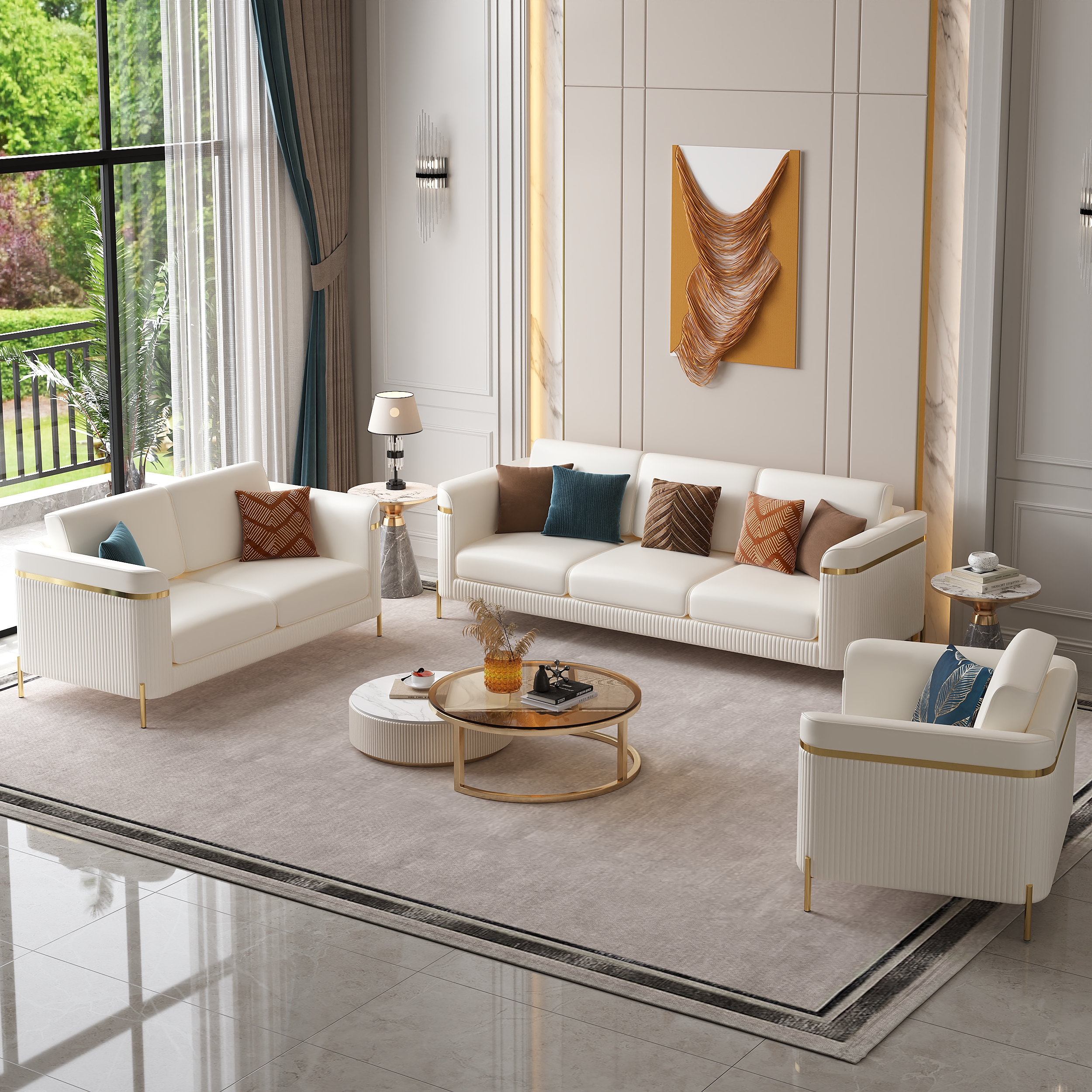 Tissu & Couleur:Similicuir Blanc | Configuration:Canapé 3+1+1 Places