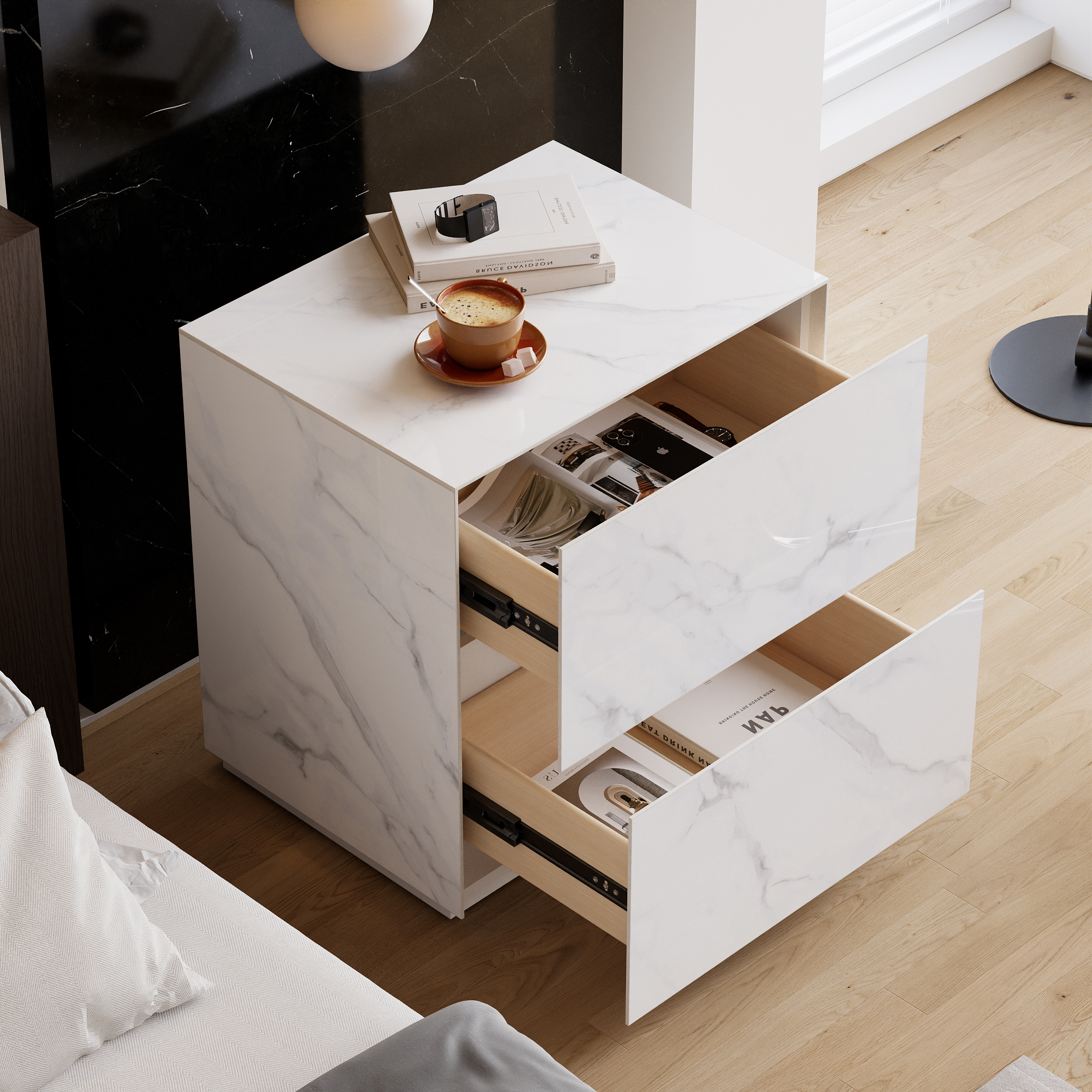 Modern 23"W Sintered Stone Nightstand 1 Drawer Bedside Table Set of 2