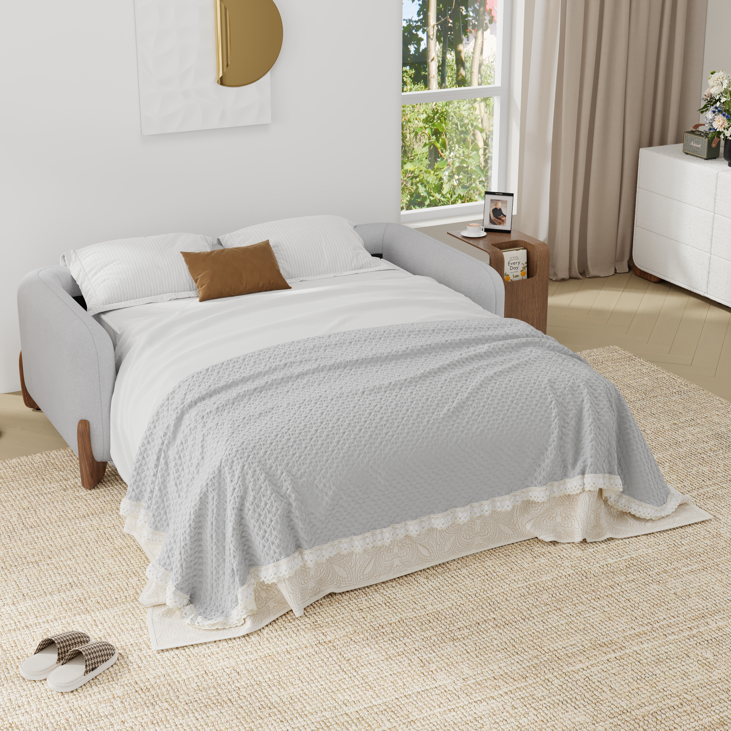 Sofá cama plegable de lino Curva Queen de 83 pulgadas con colchón, sofá cama moderno de mediados de siglo