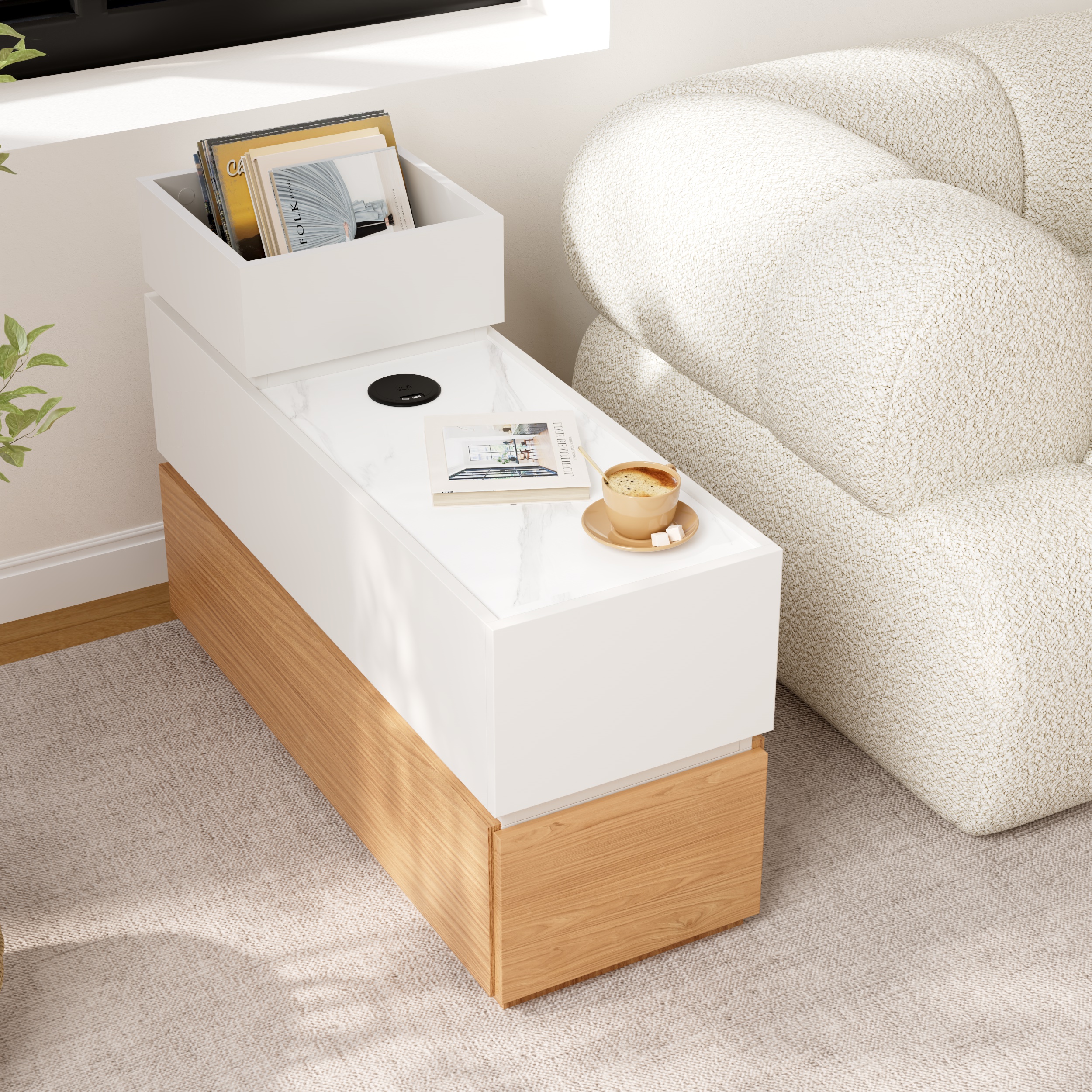 Sintered Stone Top Narrow Smart Side Table with Storage Modern White & Natural End Table with USB