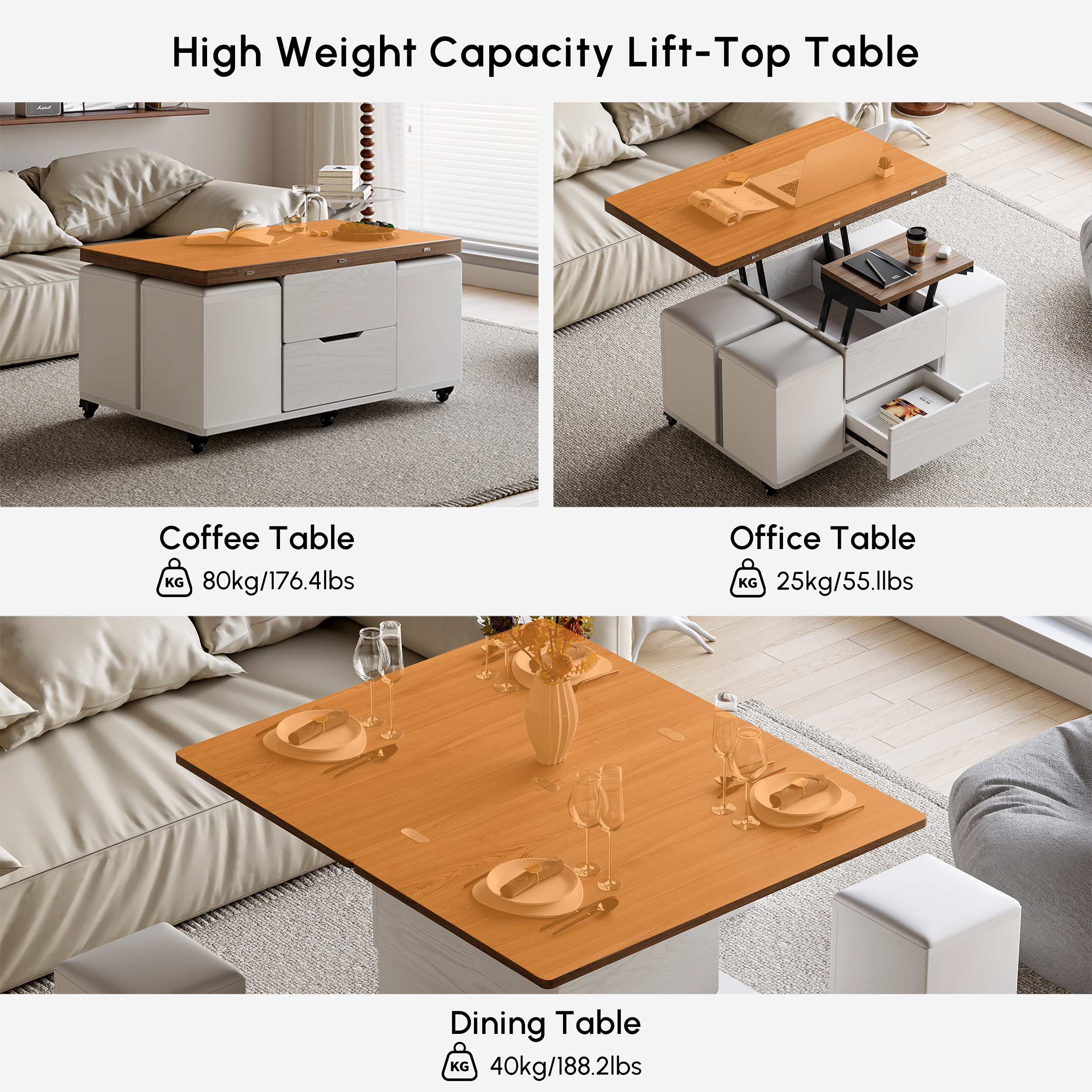 1000mm Lift-Top Foldable Walnut & White Coffee Table with 4 Stools