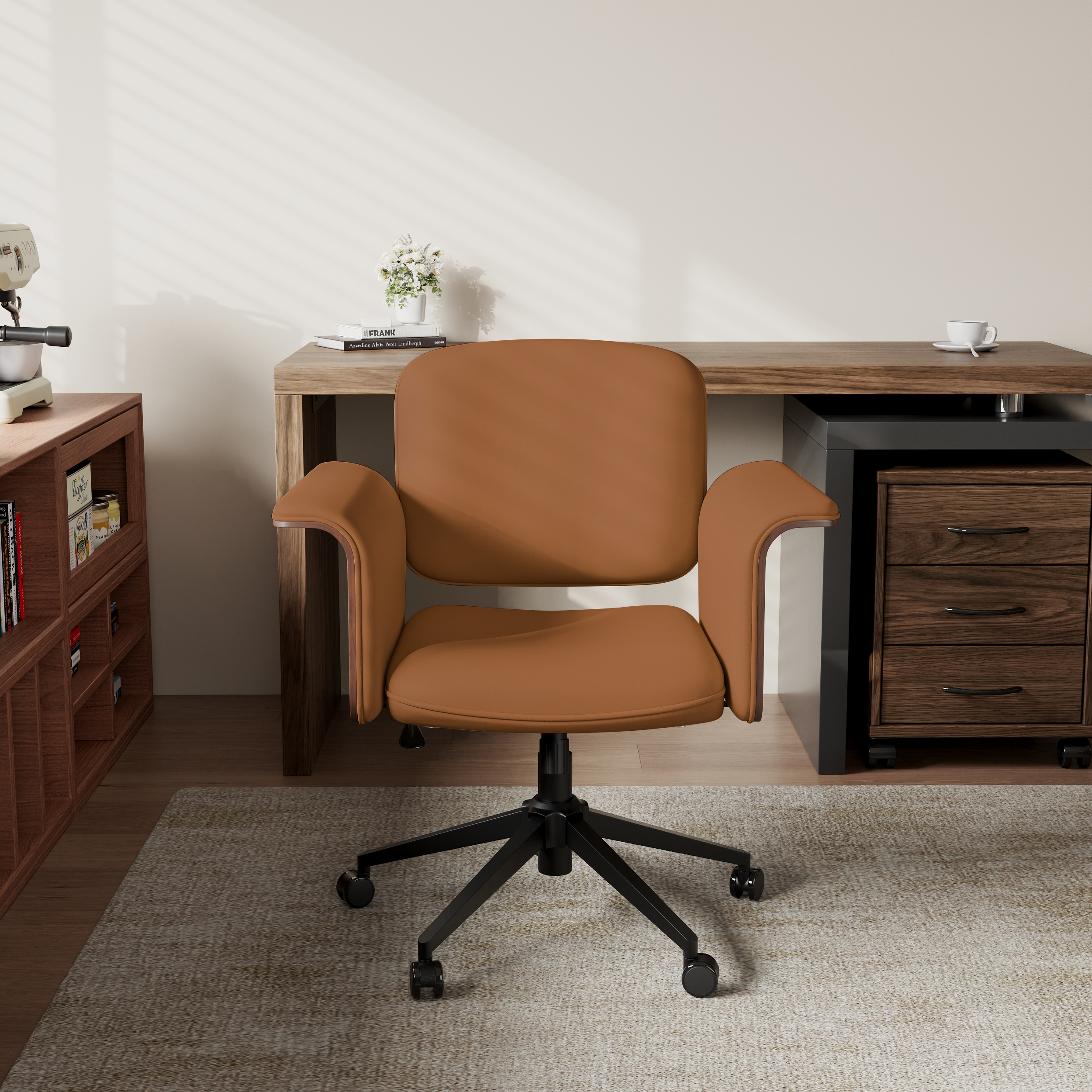 Adjustable Swivel Office Chair Wood & Faux Leather Ergonomic Office Desk Chair in Brown