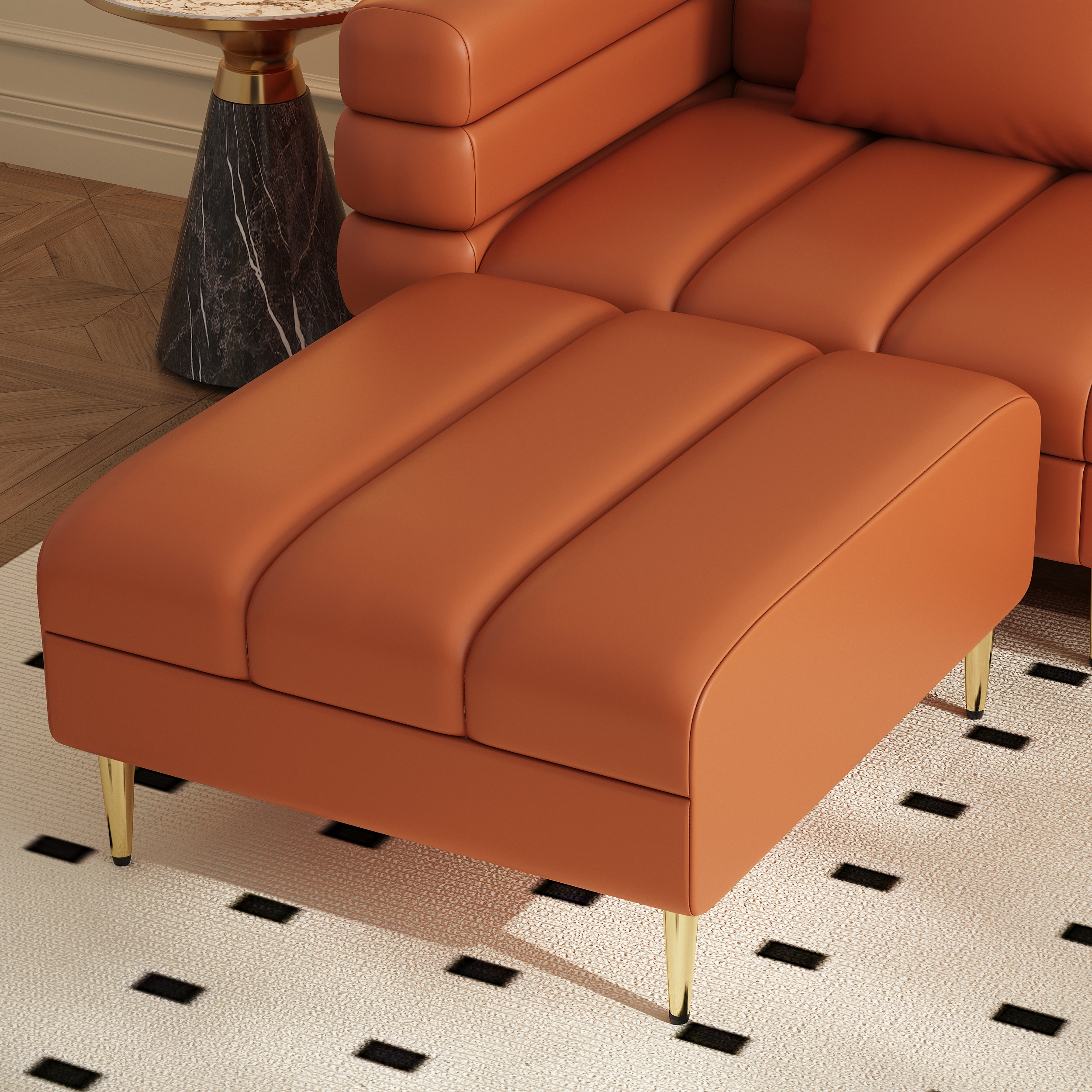 Canapé sectionnel Axial de 231 cm en cuir performant 2 pièces avec pouf, pieds dorés et oreillers image de vente