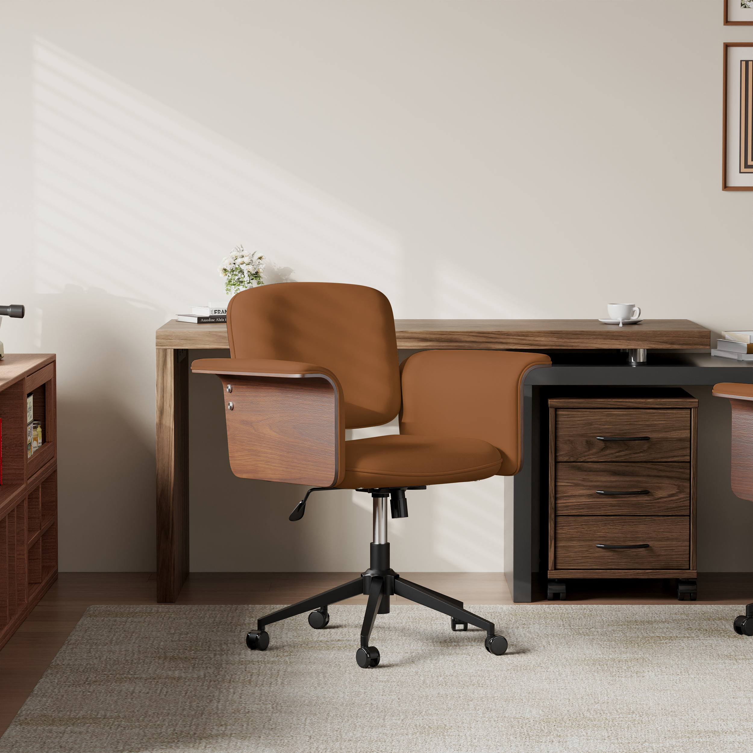 Adjustable Swivel Office Chair Wood & Faux Leather Ergonomic Office Desk Chair in Brown