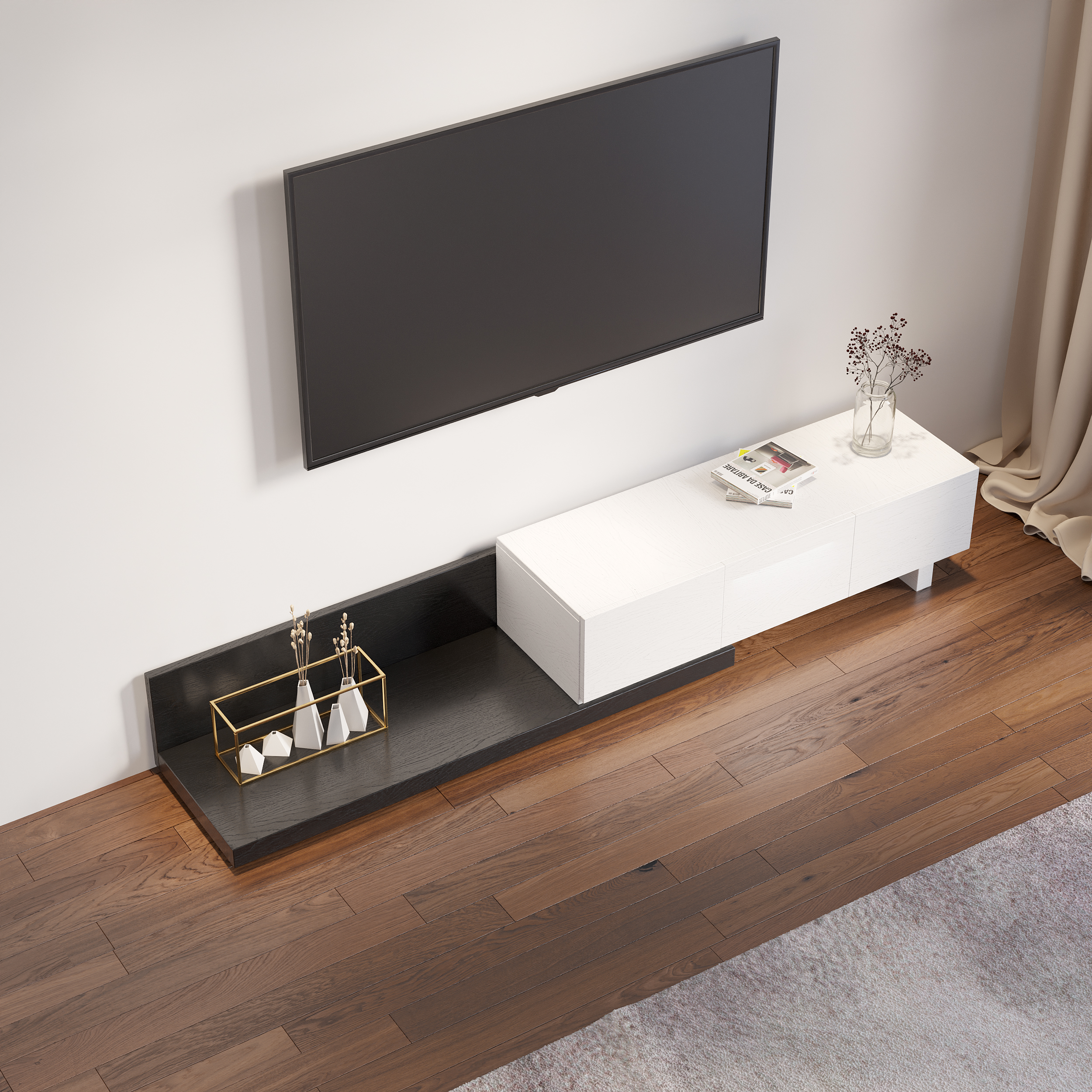 Homary Rectangle Wood Extendable TV Stand White & Black Floor Media Console with 3 Drawers