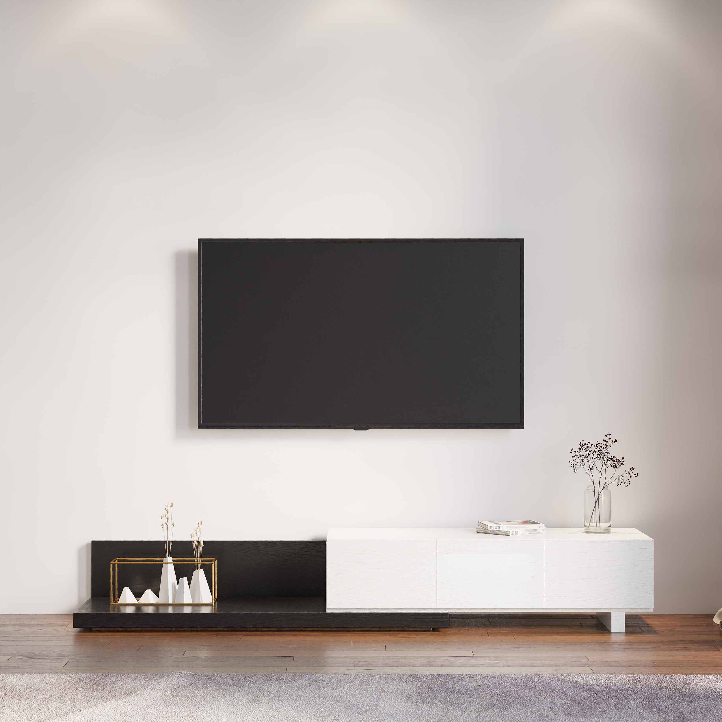 Homary Rectangle Wood Extendable TV Stand White & Black Floor Media Console with 3 Drawers