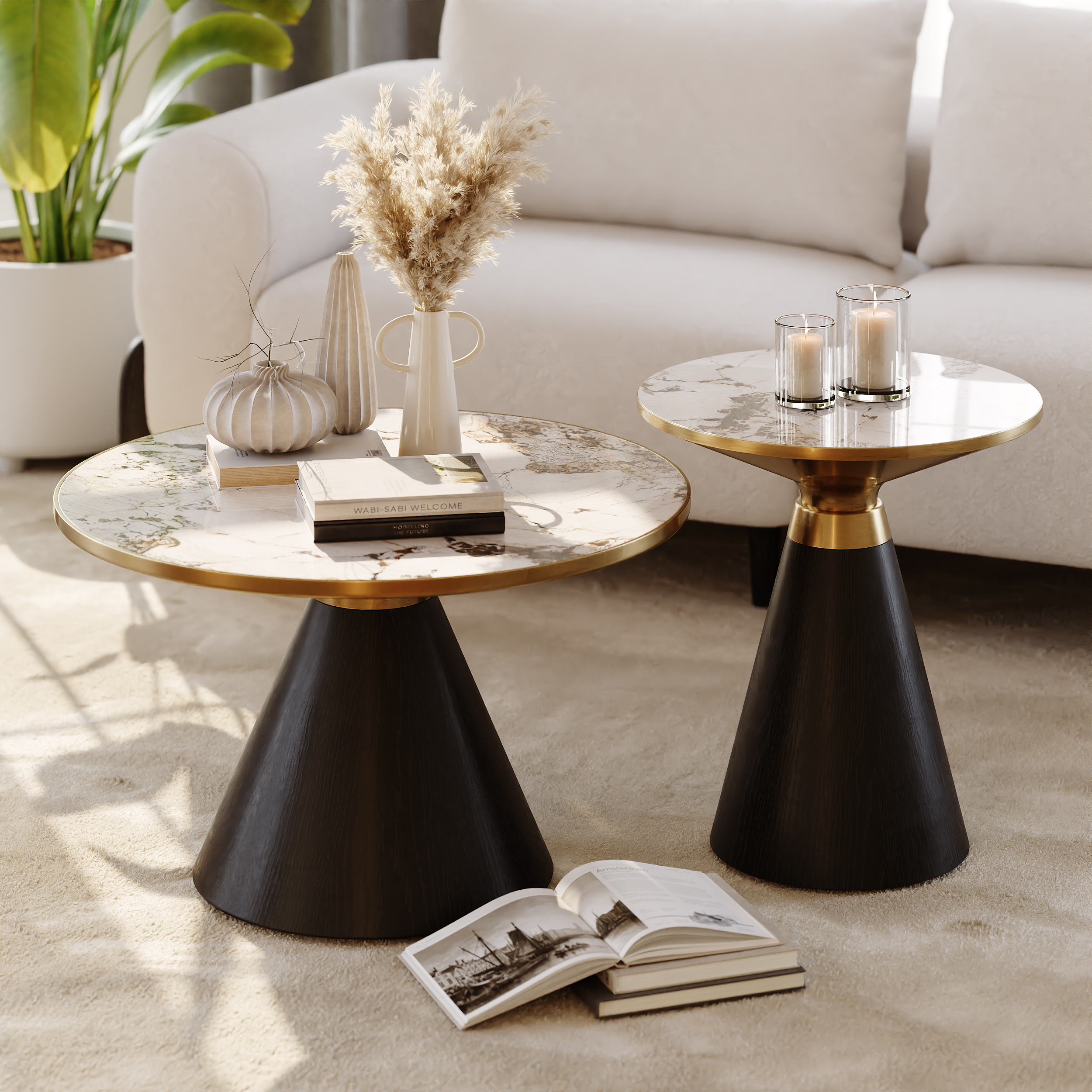 Sintered Stone Round Coffee Table 2 Pieces Set Modern Black Living Room Furniture