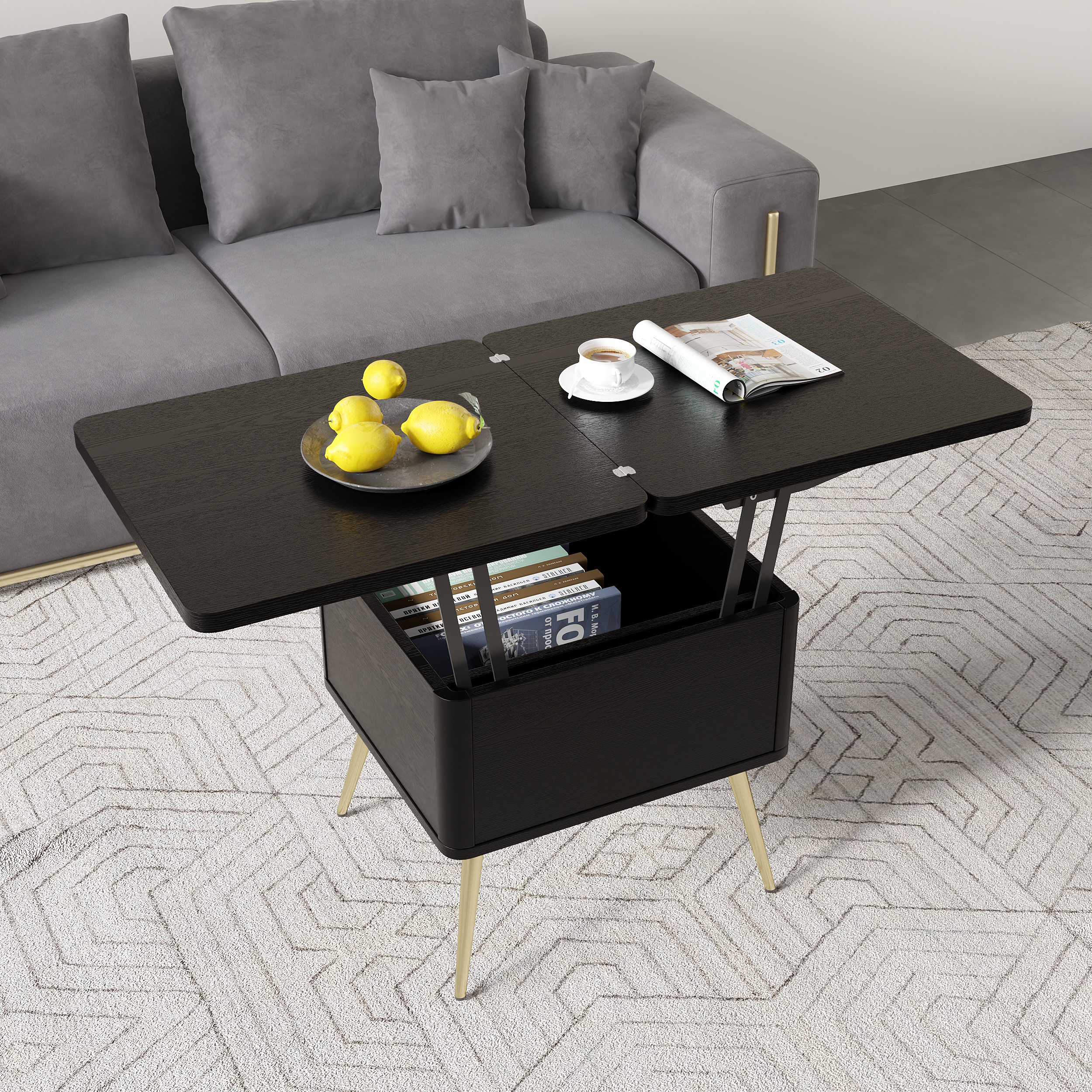 Modern Multi-functional Coffee Table Extendable with Storage & Lift Top in Black
