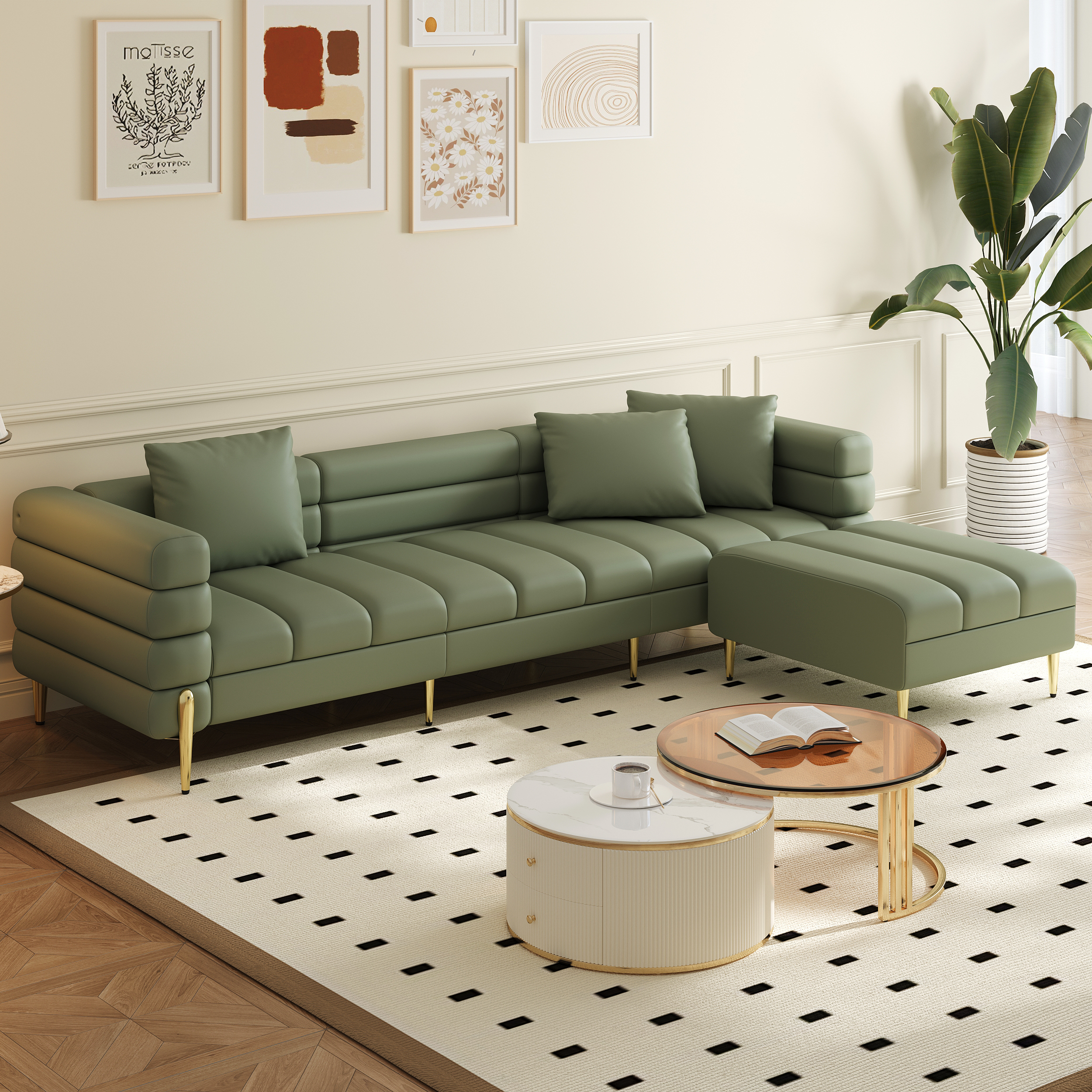 91" Faux Leather Modular 4-Piece L-Shaped Couch with Chaise Modern 3-Seater Sofa