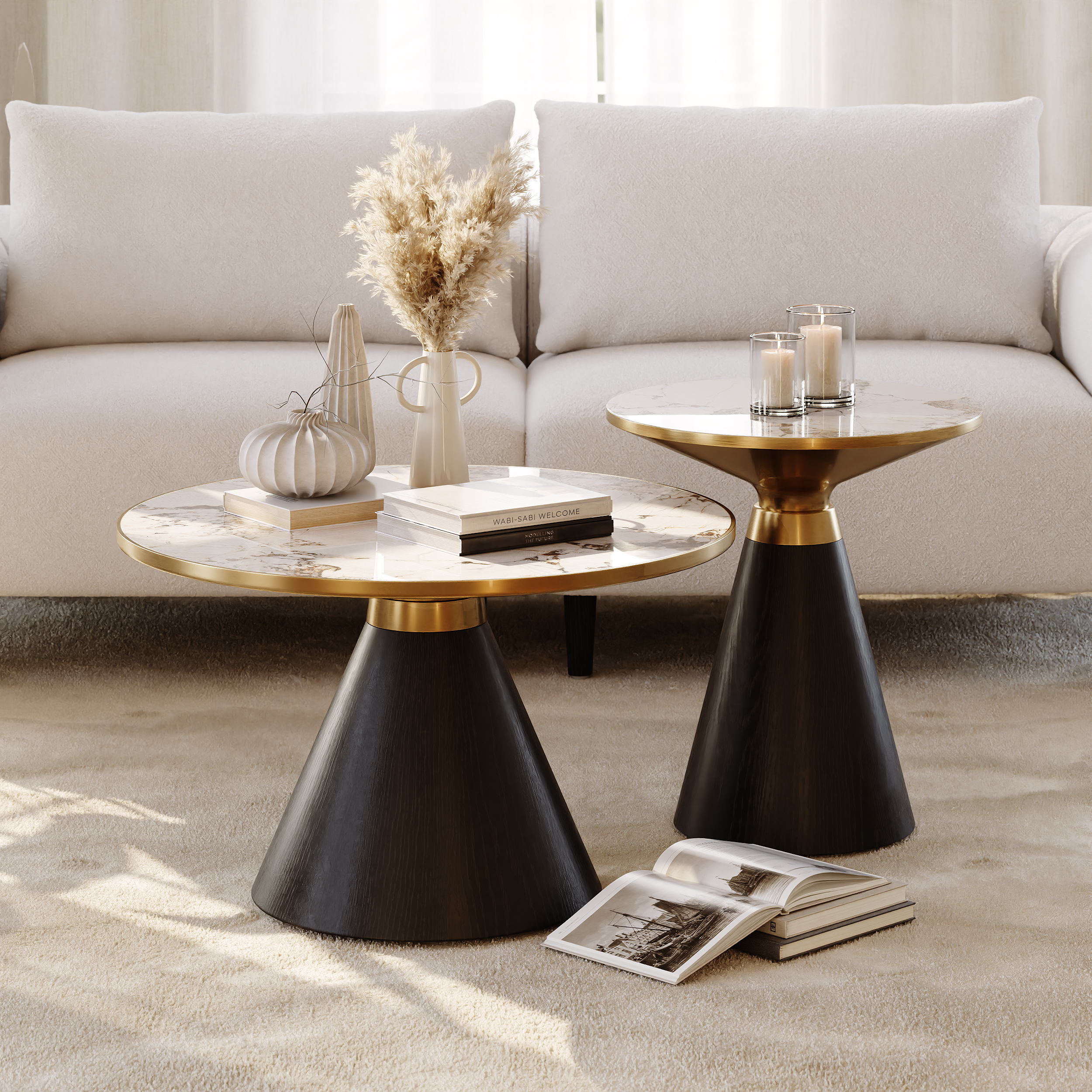 Sintered Stone Round Coffee Table 2 Pieces Set Modern Black Living Room Furniture