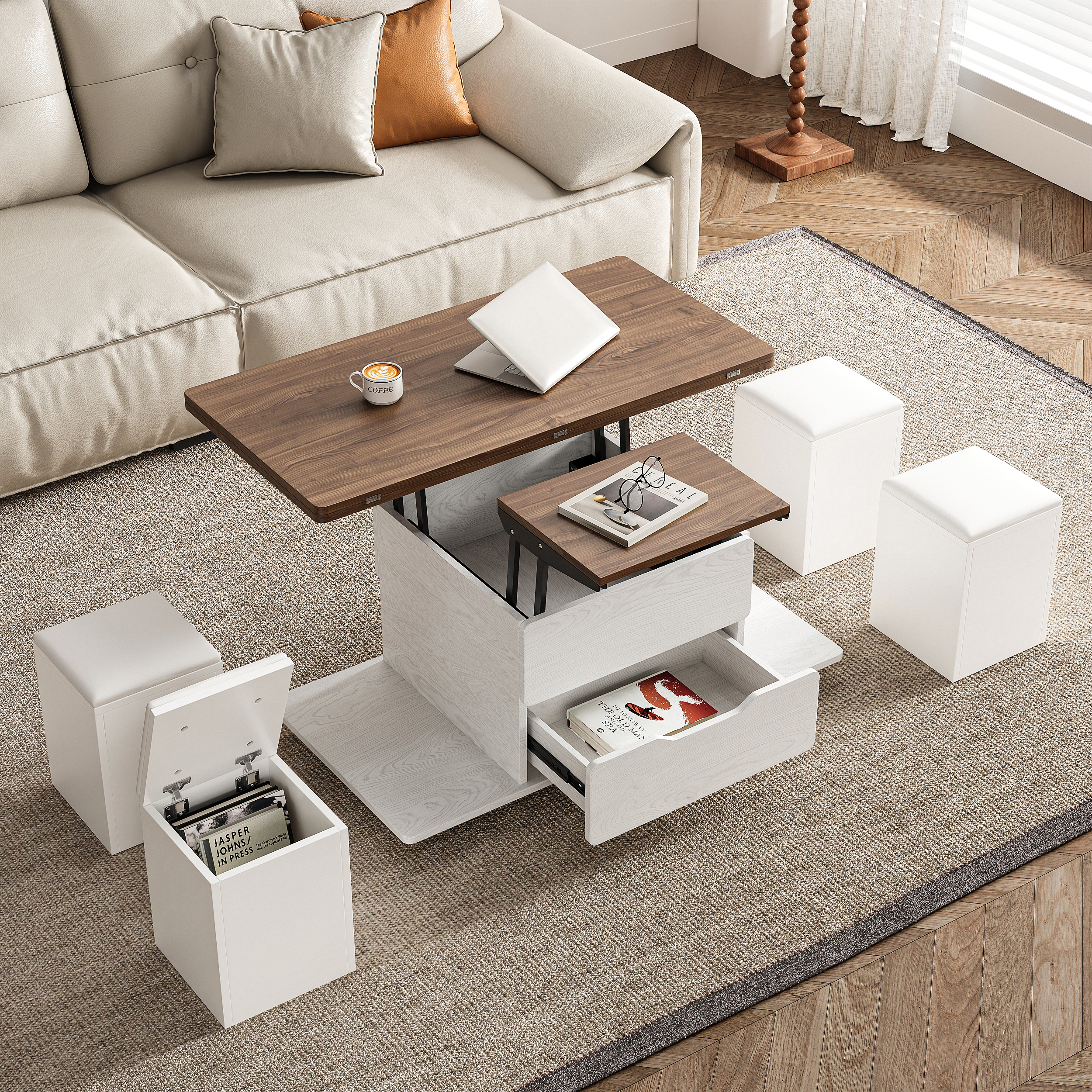 Modern Walnut & White Lift Top Coffee Table 4 in 1 with Storage Ottoman Foldable