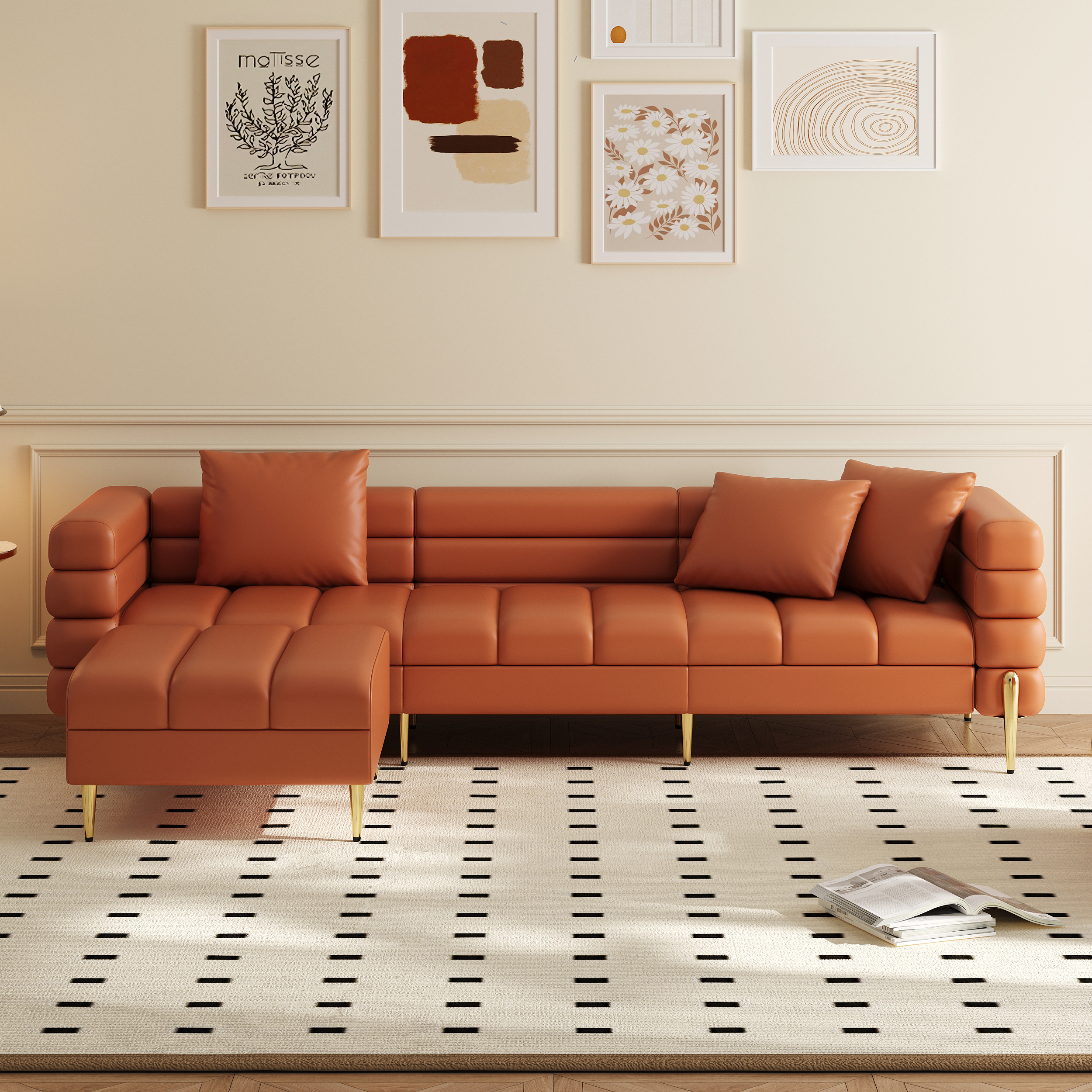 91" Faux Leather Modular 4-Piece L-Shaped Couch with Chaise Modern 3-Seater Sofa