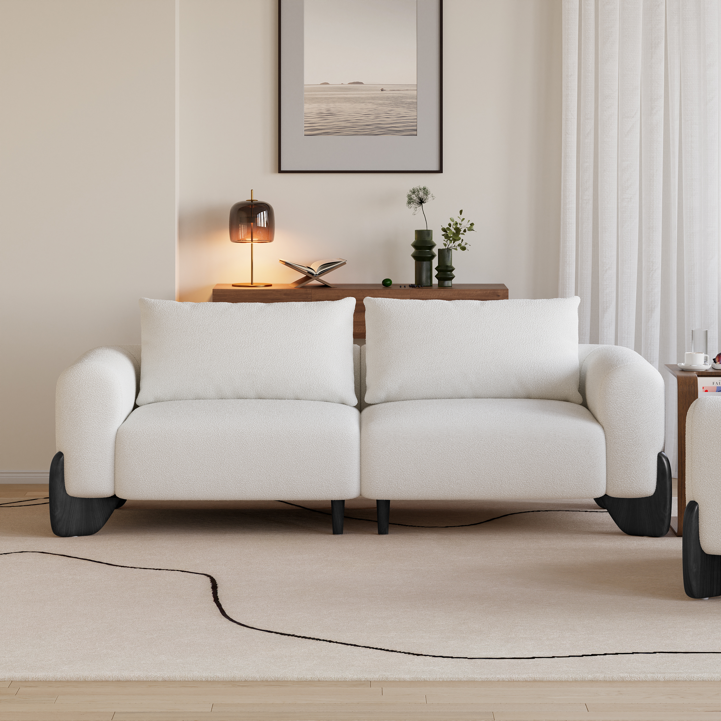 Sofá de 2 plazas tapizado Curva Boucle de 1980 mm con patas de madera, sofá de dos plazas con almohadas