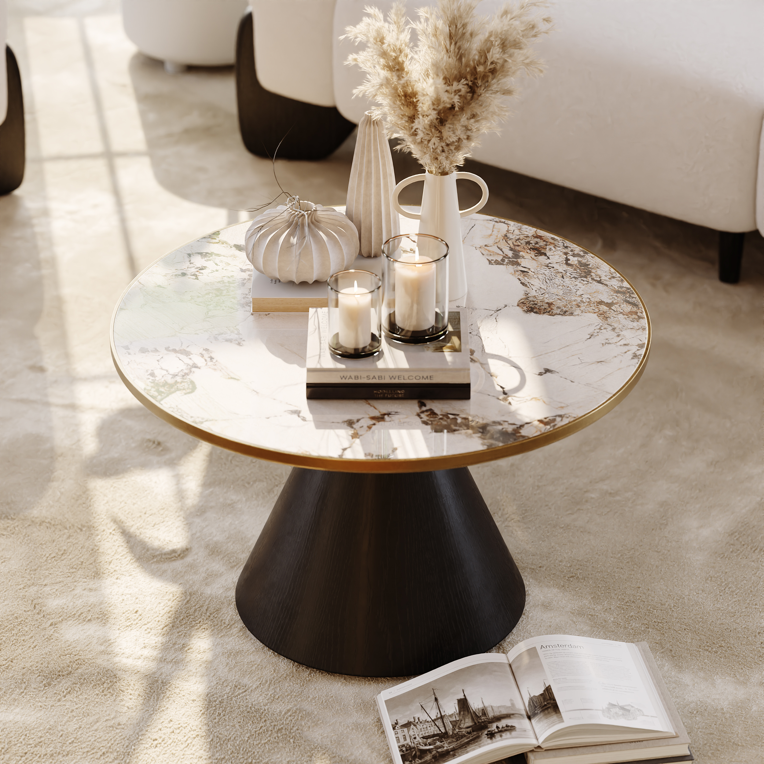 Sintered Stone Round Coffee Table Modern Black Living Room Furniture