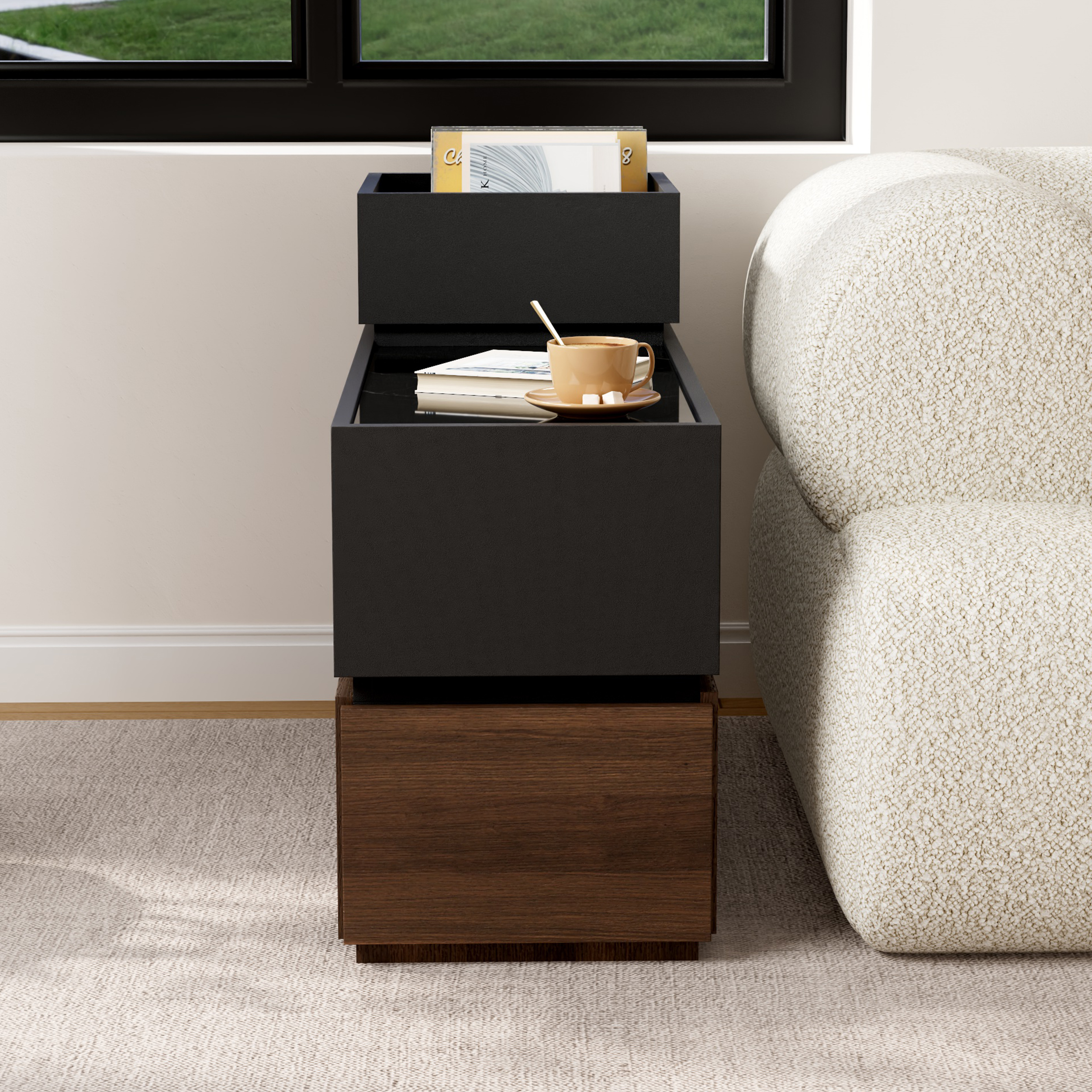 Sintered Stone Top Narrow Smart Side Table with Storage Modern Black & Walnut End Table with USB