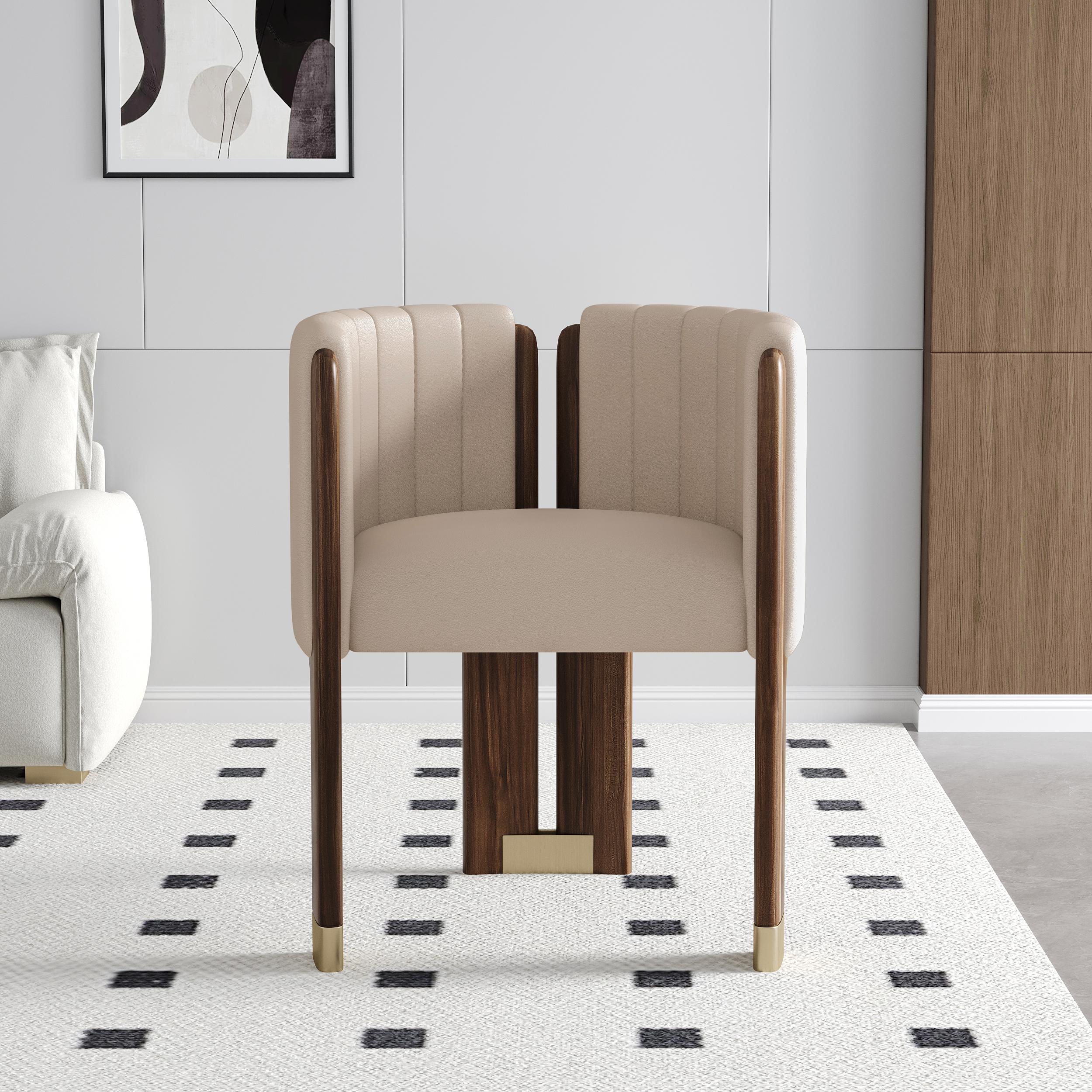 Modern Wood Accent Chair Faux Leather Upholstered Arm Chair