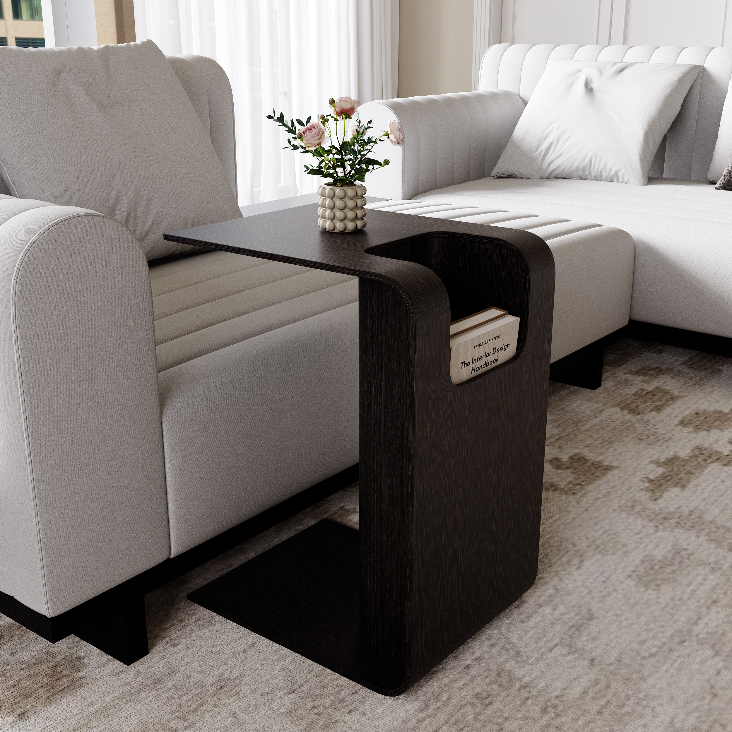 Oak Wood C-Style End Table with Magazine Rack Organizer C Side Table in Black
