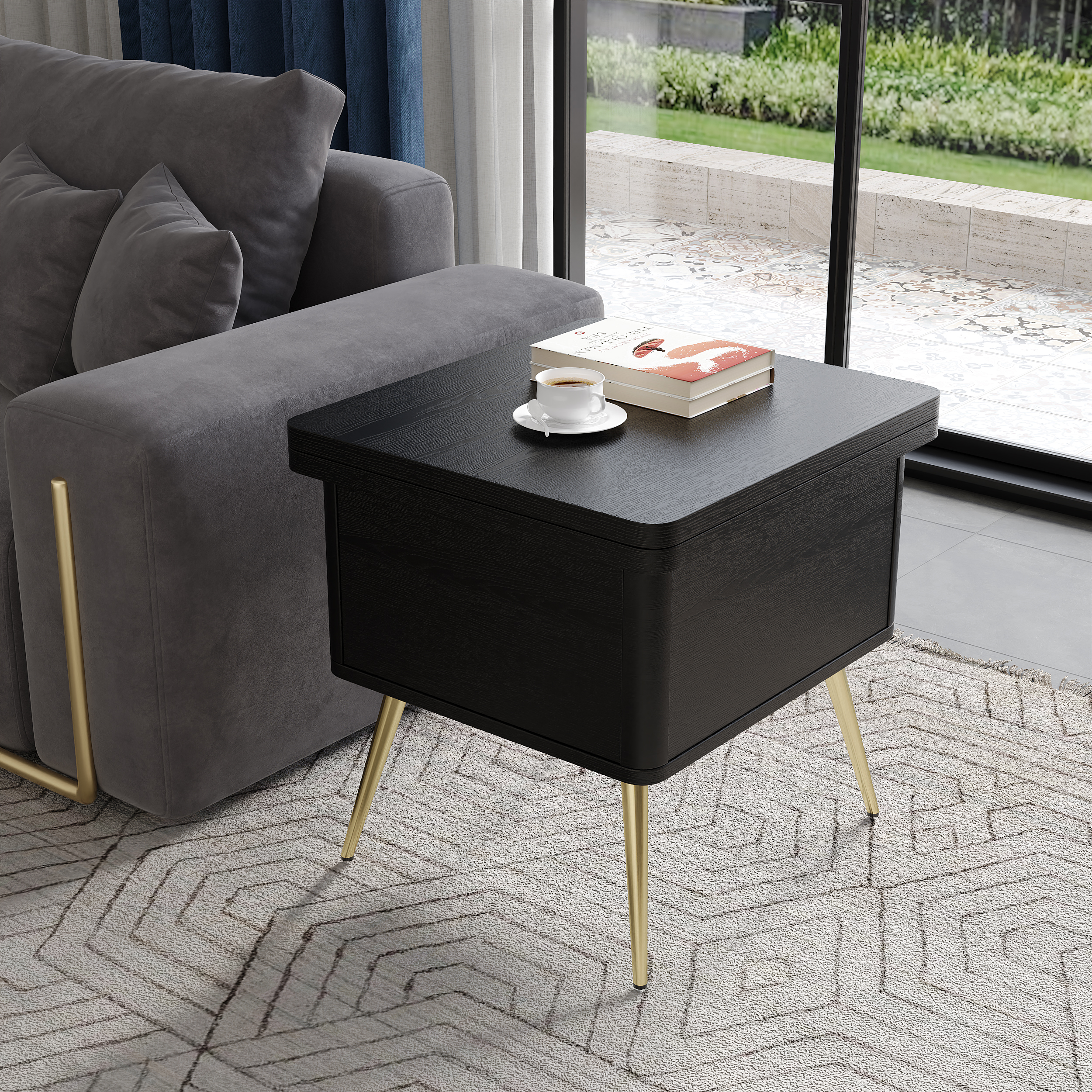 Modern Multi-functional Coffee Table Extendable with Storage & Lift Top in Black