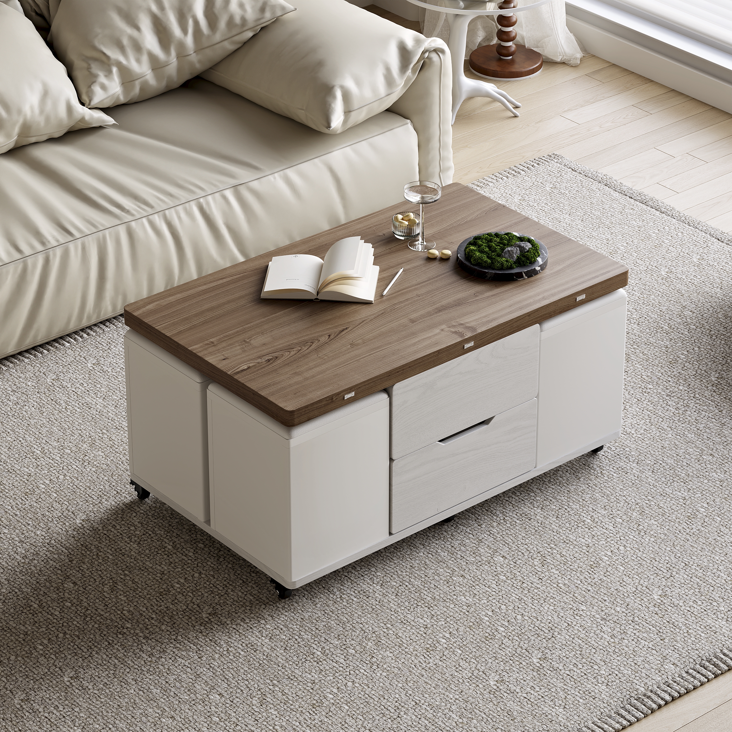 Modern Walnut & White Lift Top Coffee Table 4 in 1 with Storage Ottoman Foldable