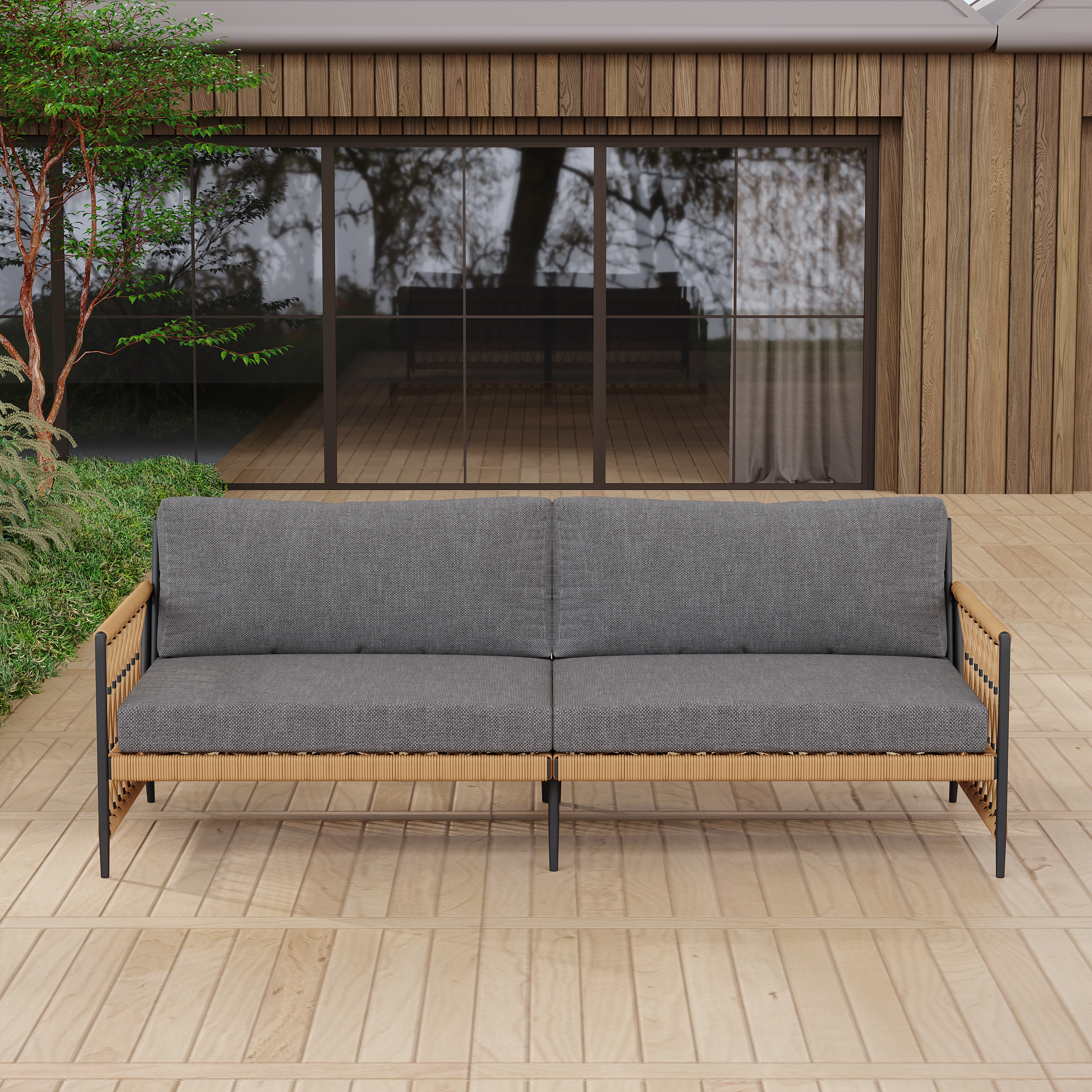 Ropipe Woven Rope Outdoor Sofa 3-Seater Sofa with Dark Gray Polyester Pillow Cushion