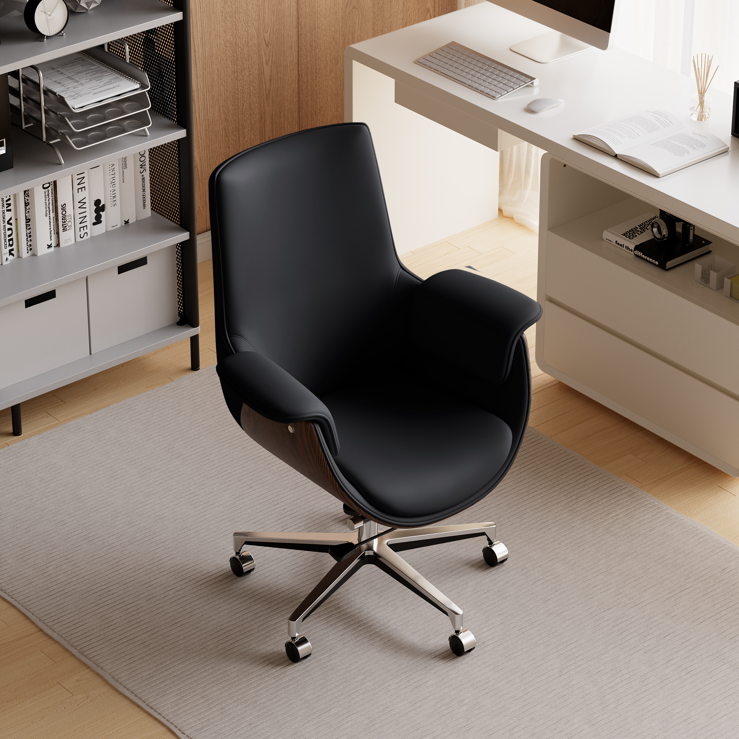 Black Leather Modern Home Office Chair Upholstered High Back Desk Chair Wood Grain Frame