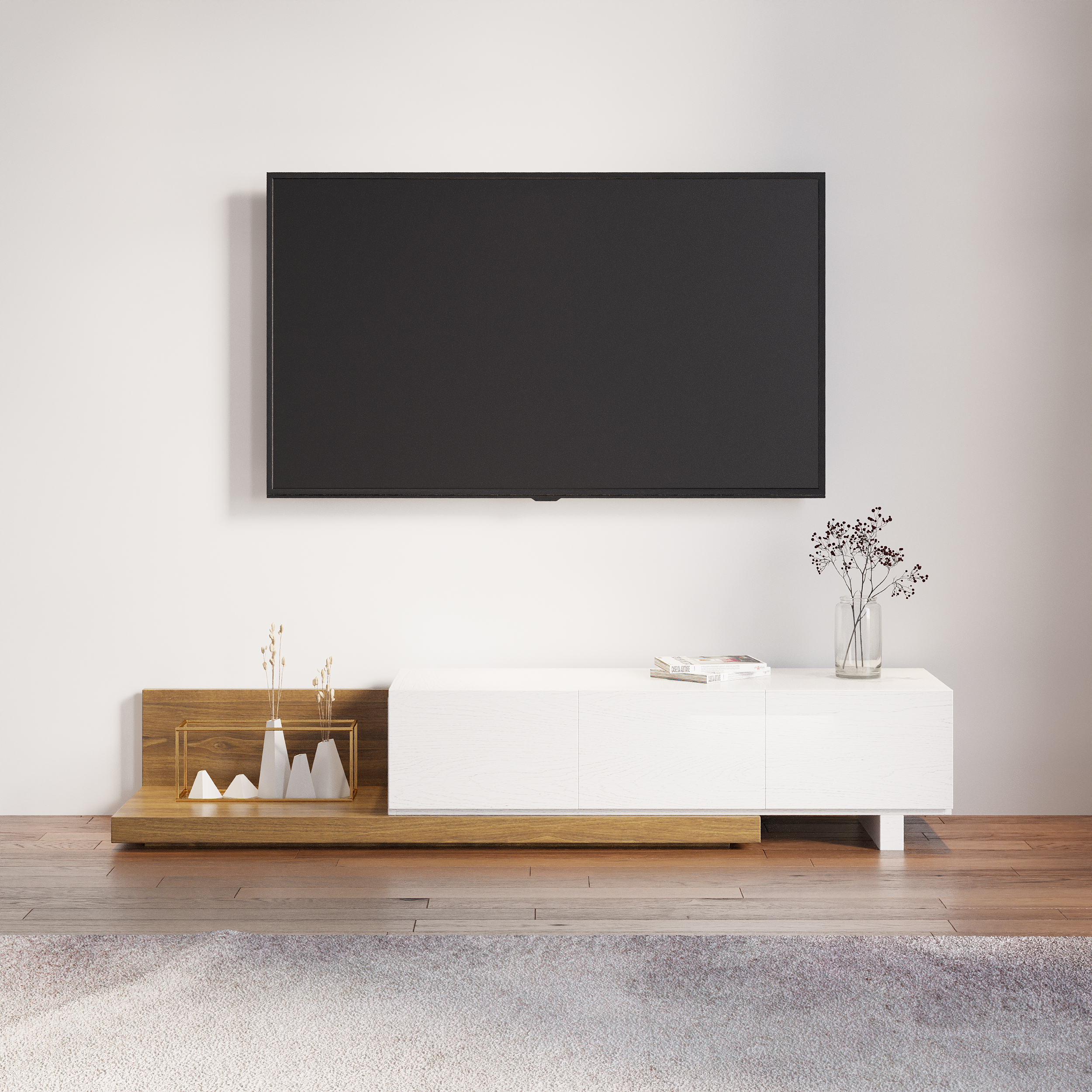 Homary Rectangle Wood Extendable TV Stand White & Walnut Floor Media Console with 3