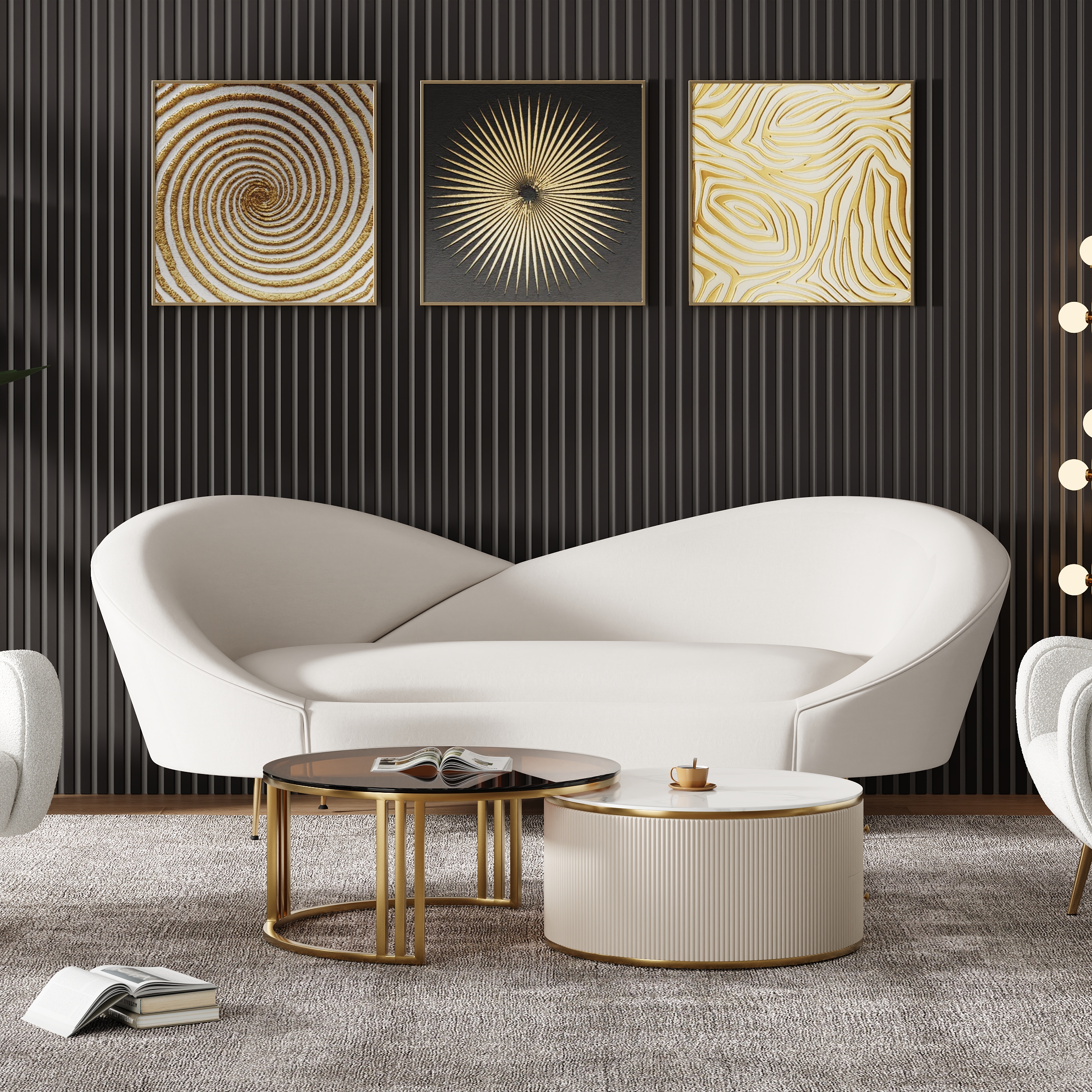 93" Modern White Velvet Upholstered Large 3-Seater Curved Sofa