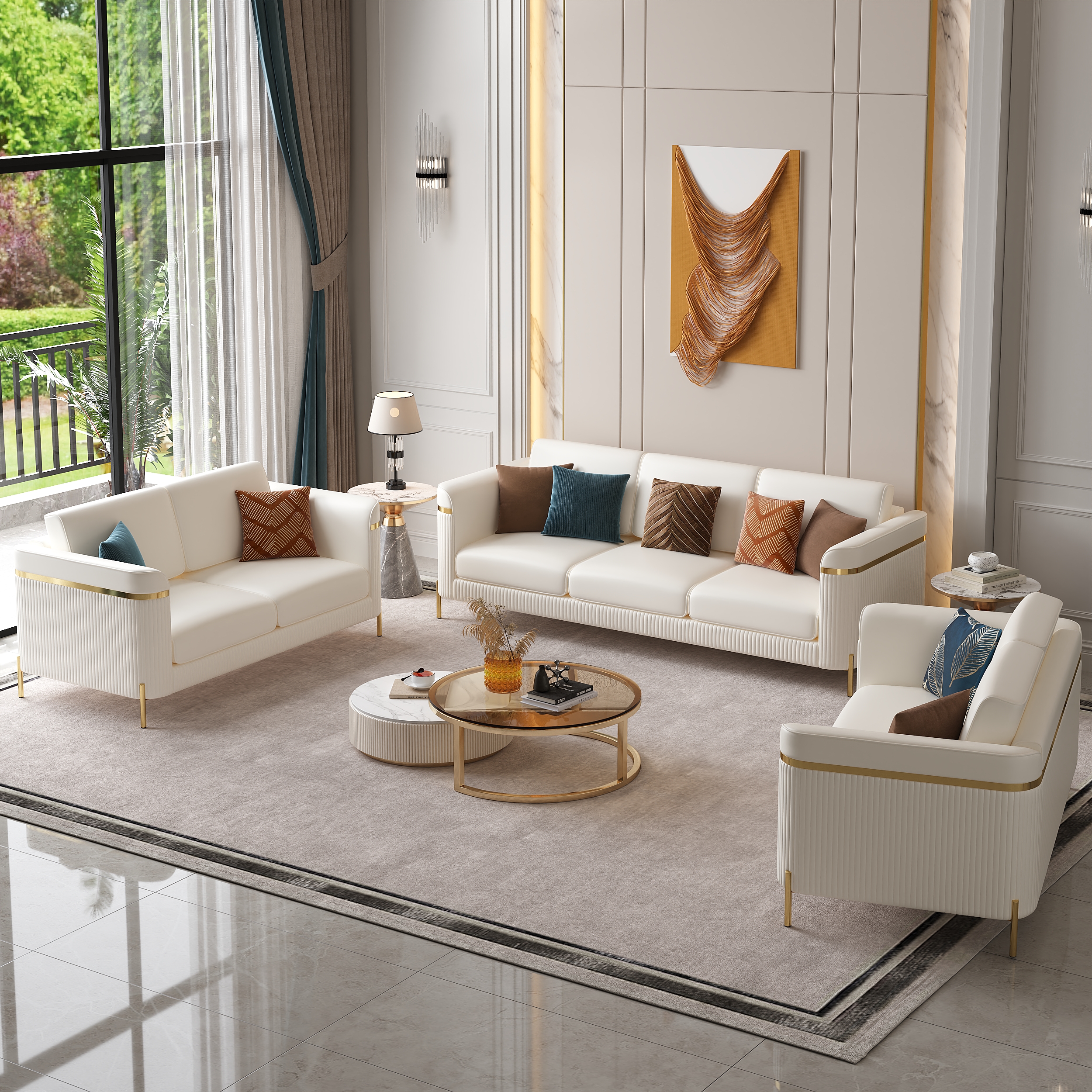Vertex Modern Faux Leather 3-Piece Living Room Sofa Set