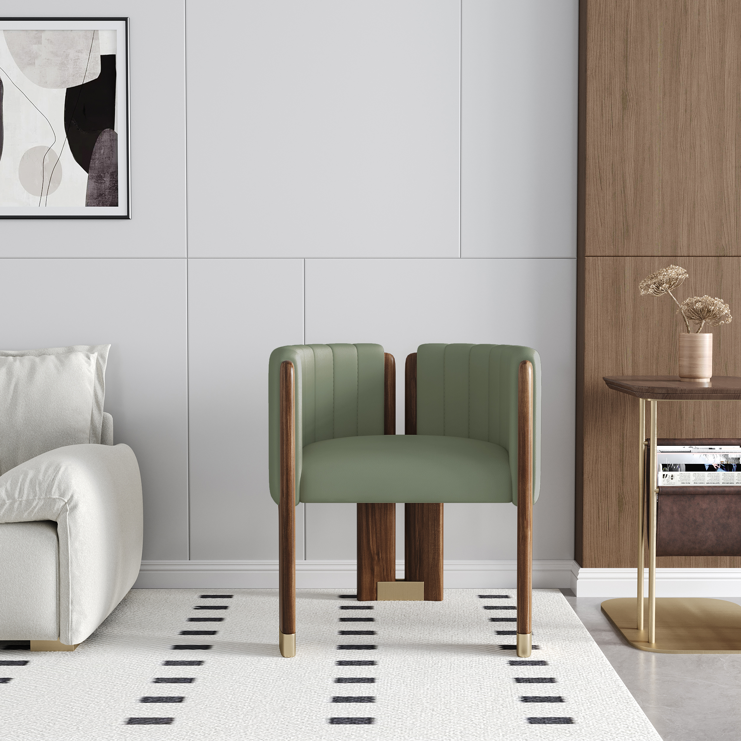 Modern Wood Accent Chair Faux Leather Upholstered Arm Chair