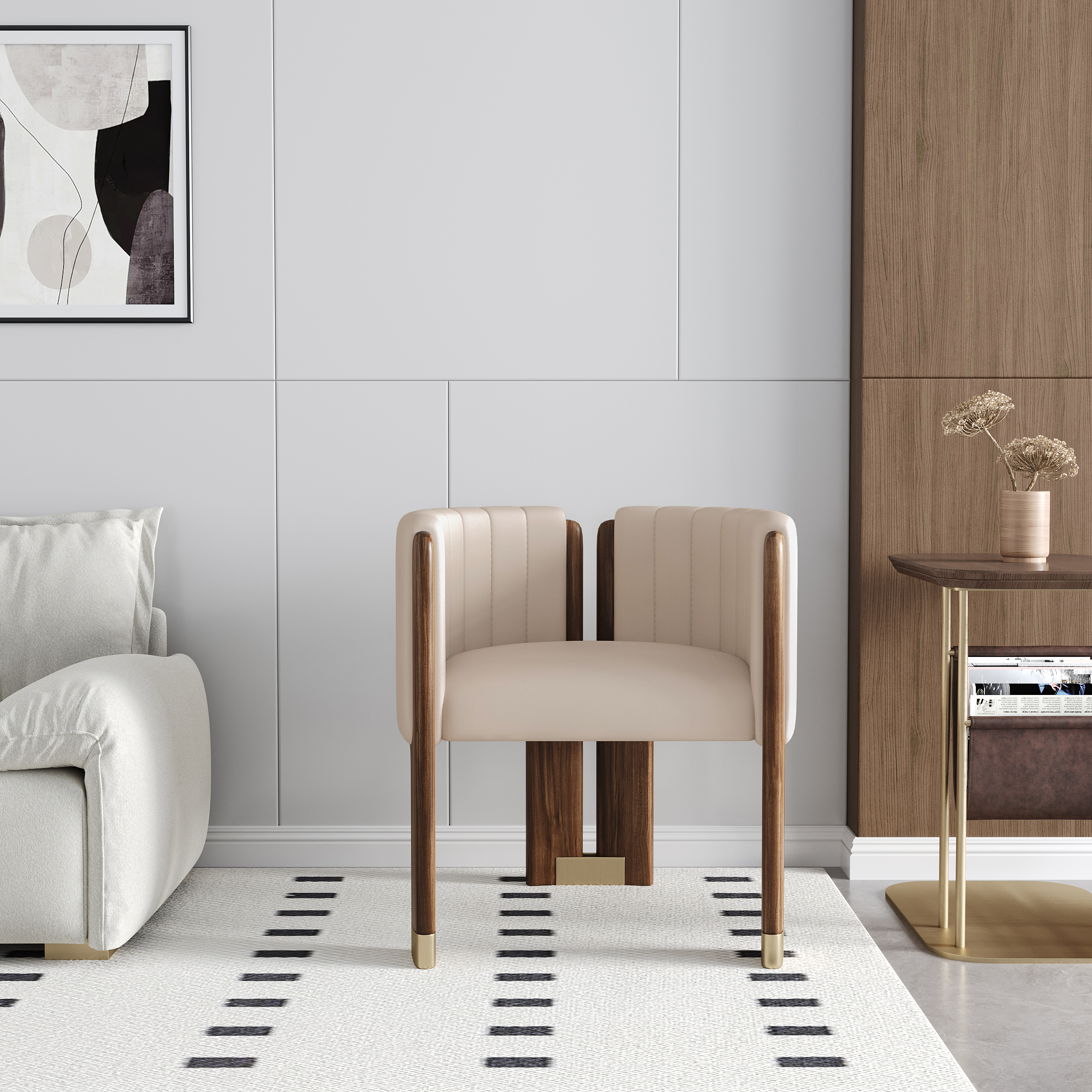 Modern Wood Accent Chair Faux Leather Upholstered Arm Chair