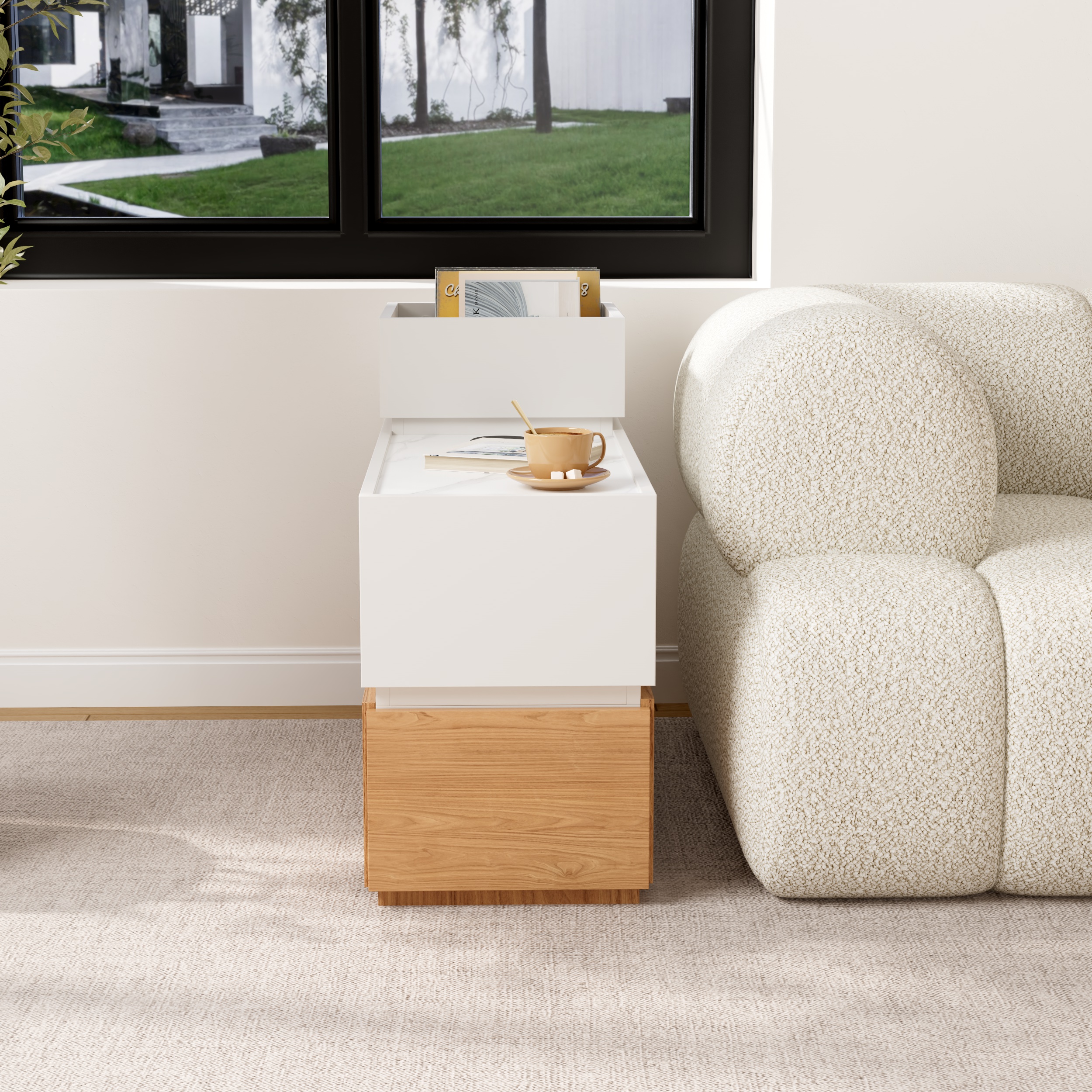Sintered Stone Top Narrow Smart Side Table with Storage Modern White & Natural End Table with USB