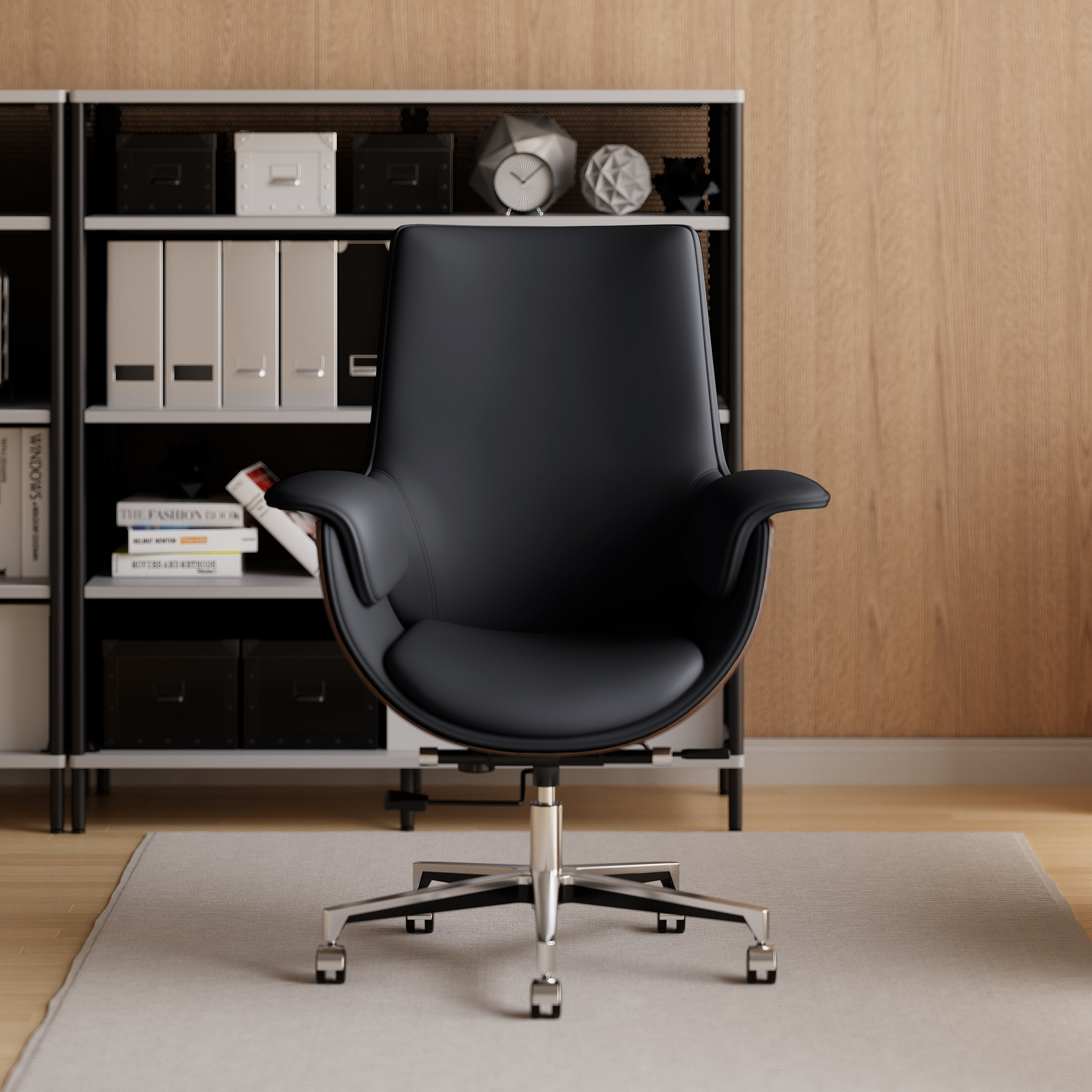 Black Leather Modern Home Office Chair Upholstered High Back Desk Chair Wood Grain Frame
