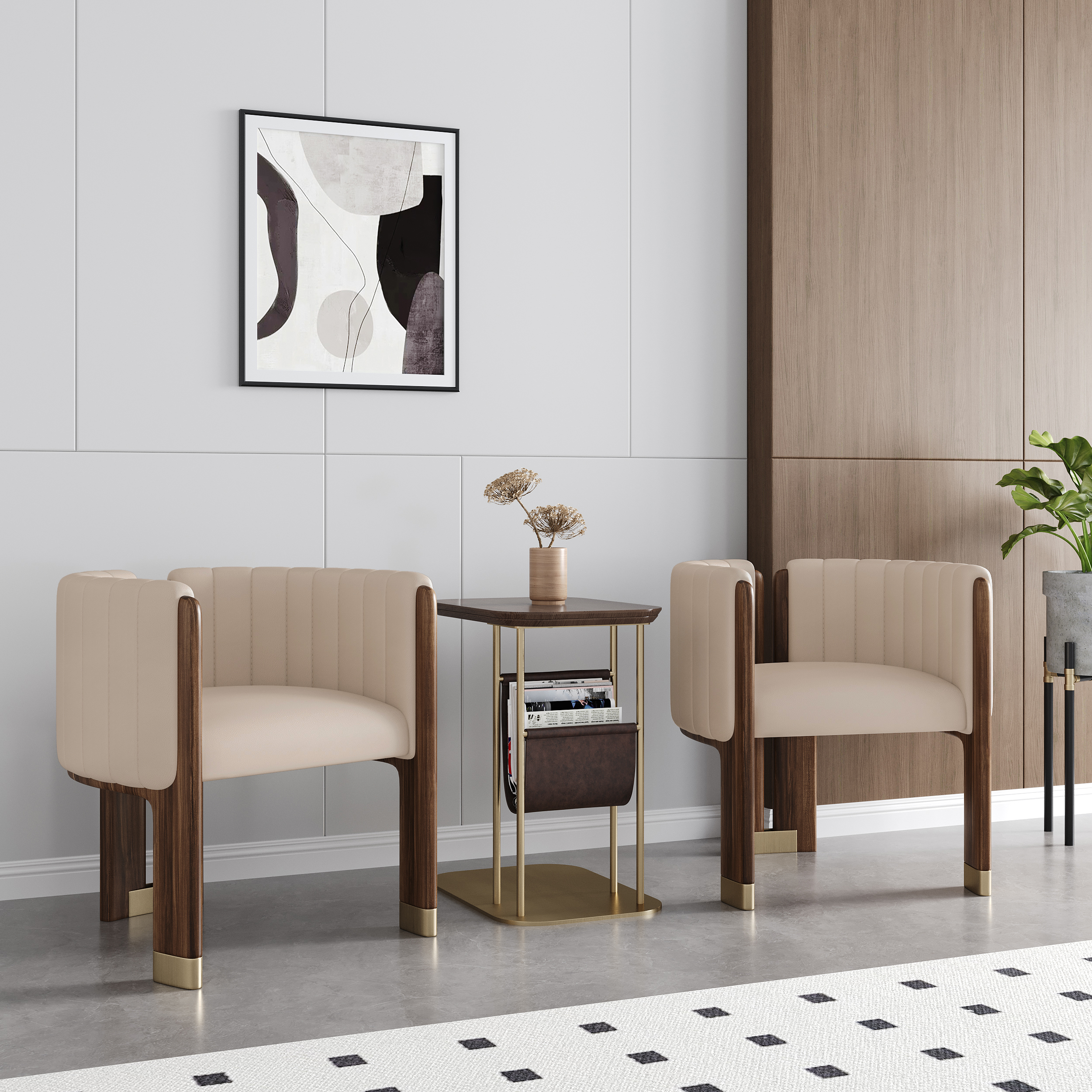 Modern Wood Accent Chair Faux Leather Upholstered Arm Chair