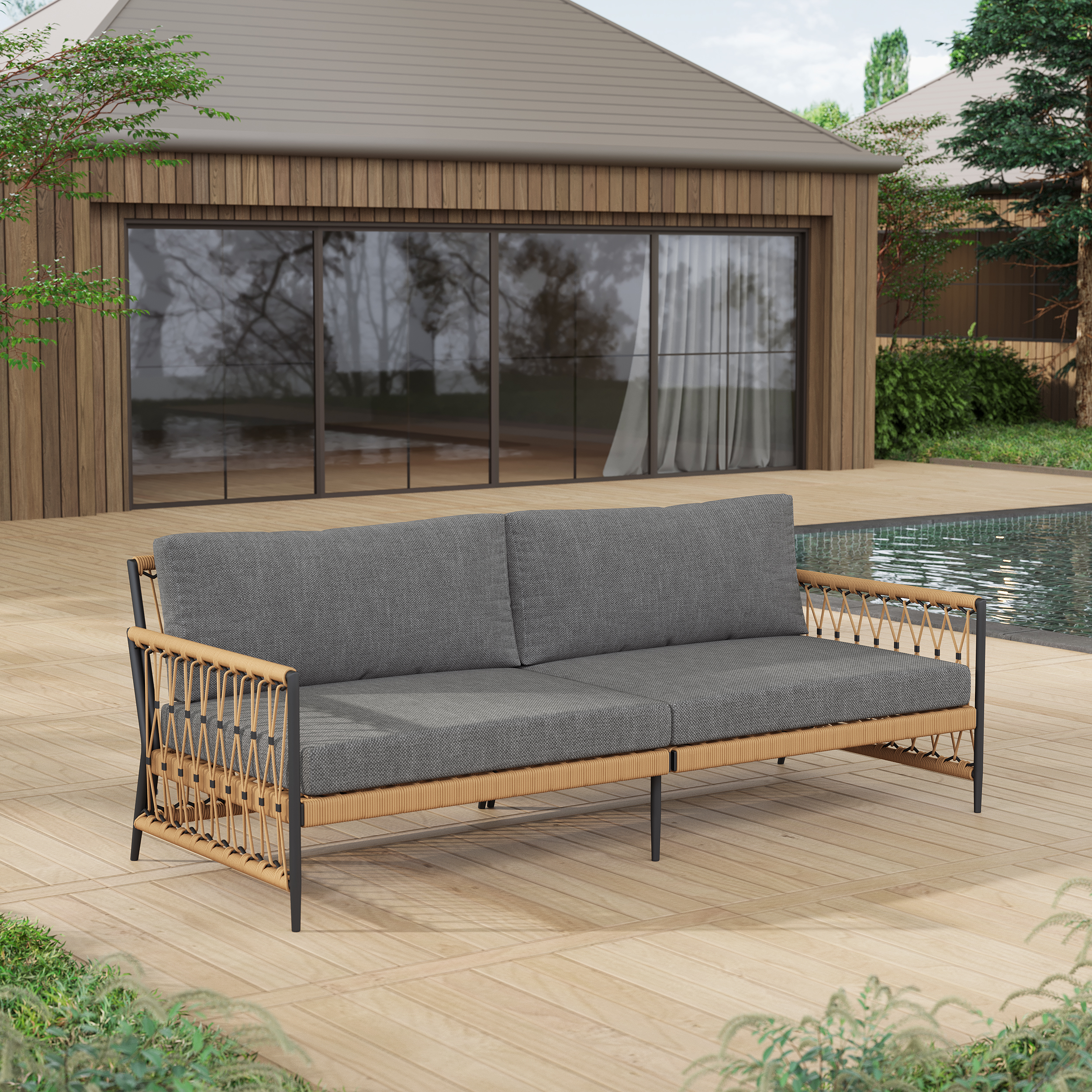 Ropipe Woven Rope Outdoor Sofa 3-Seater Sofa with Dark Gray Polyester Pillow Cushion