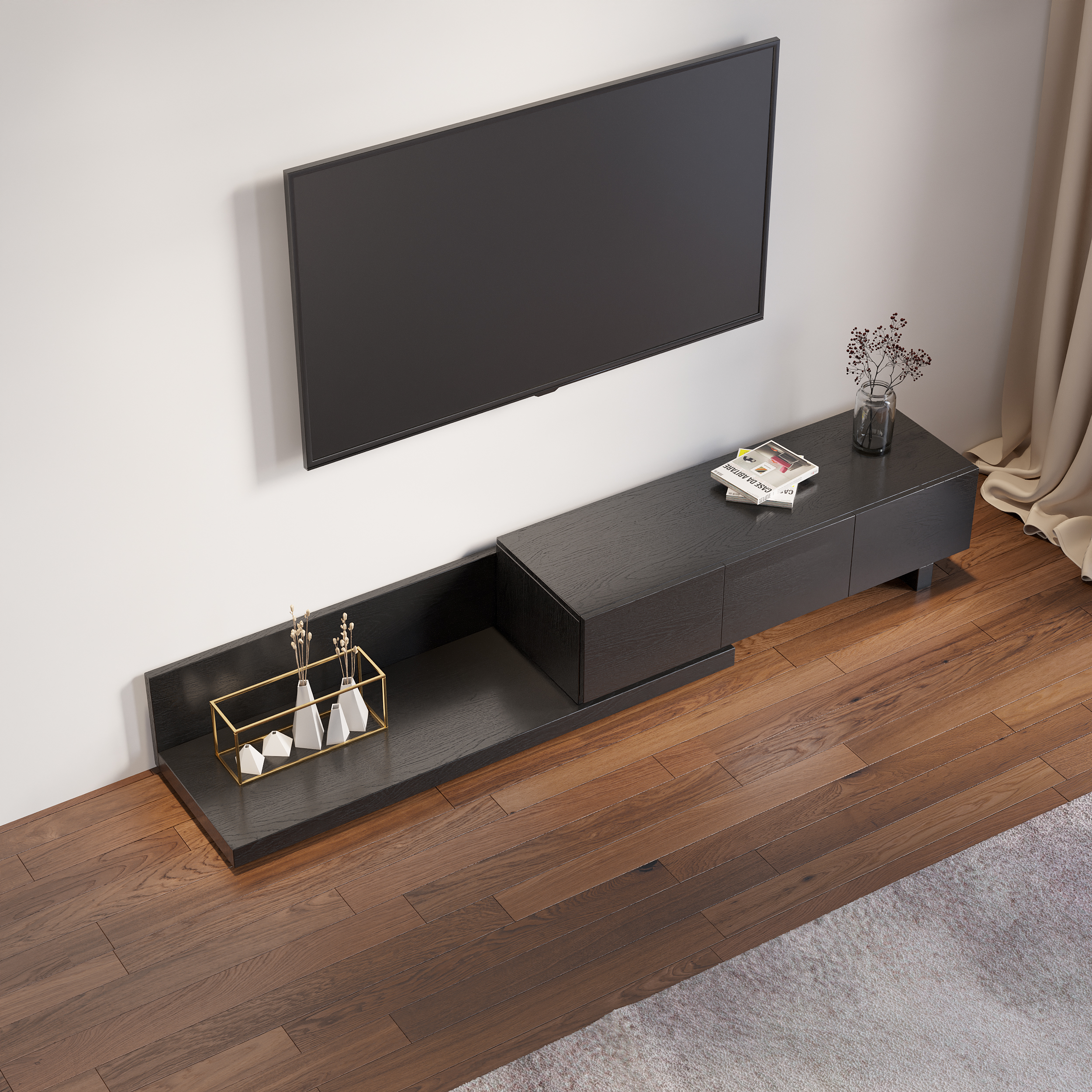 Homary Rectangle Wood Extendable TV Stand Black Floor Media Console with 3 Drawers