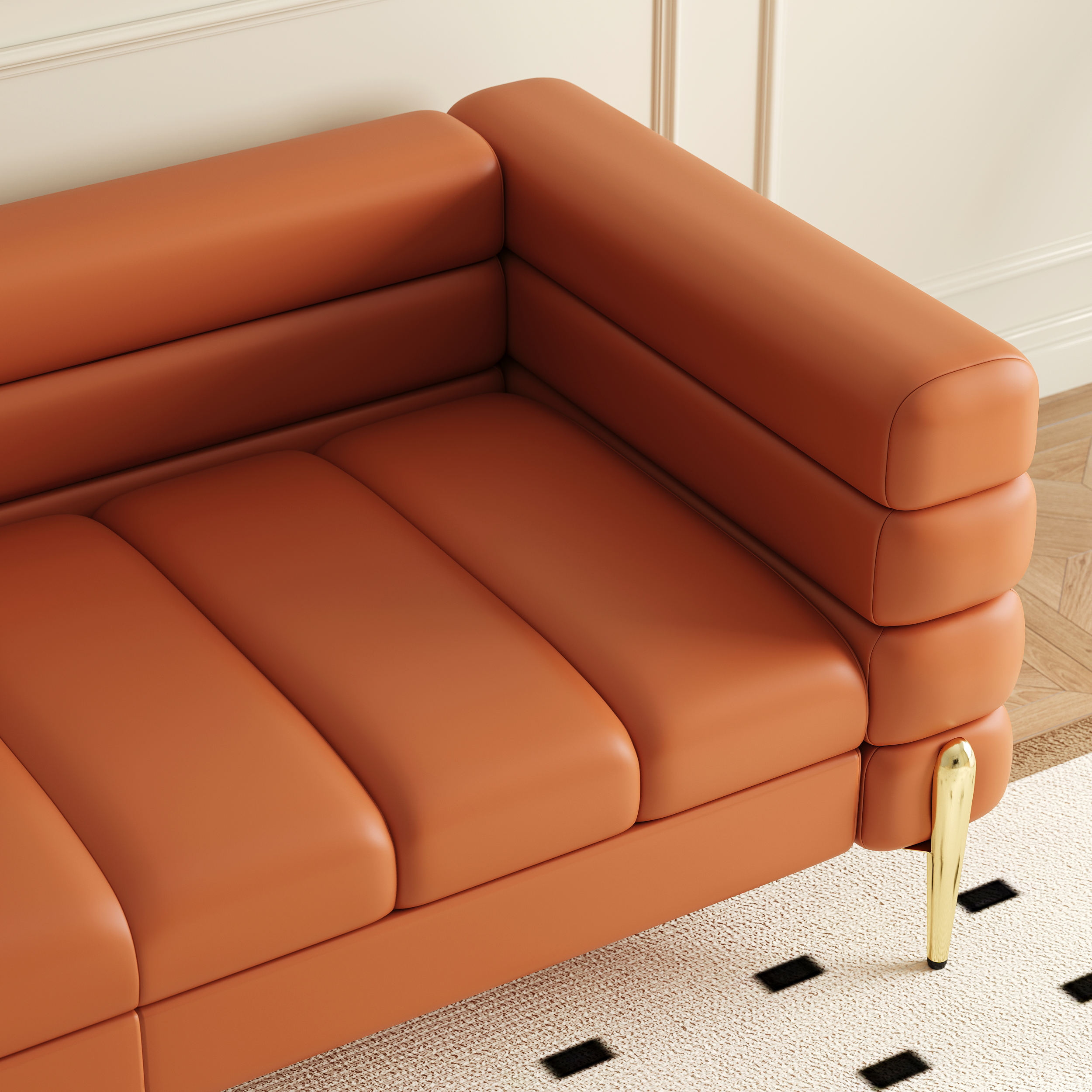 Canapé sectionnel Axial de 231 cm en cuir performant 2 pièces avec pouf, pieds dorés et oreillers image de vente