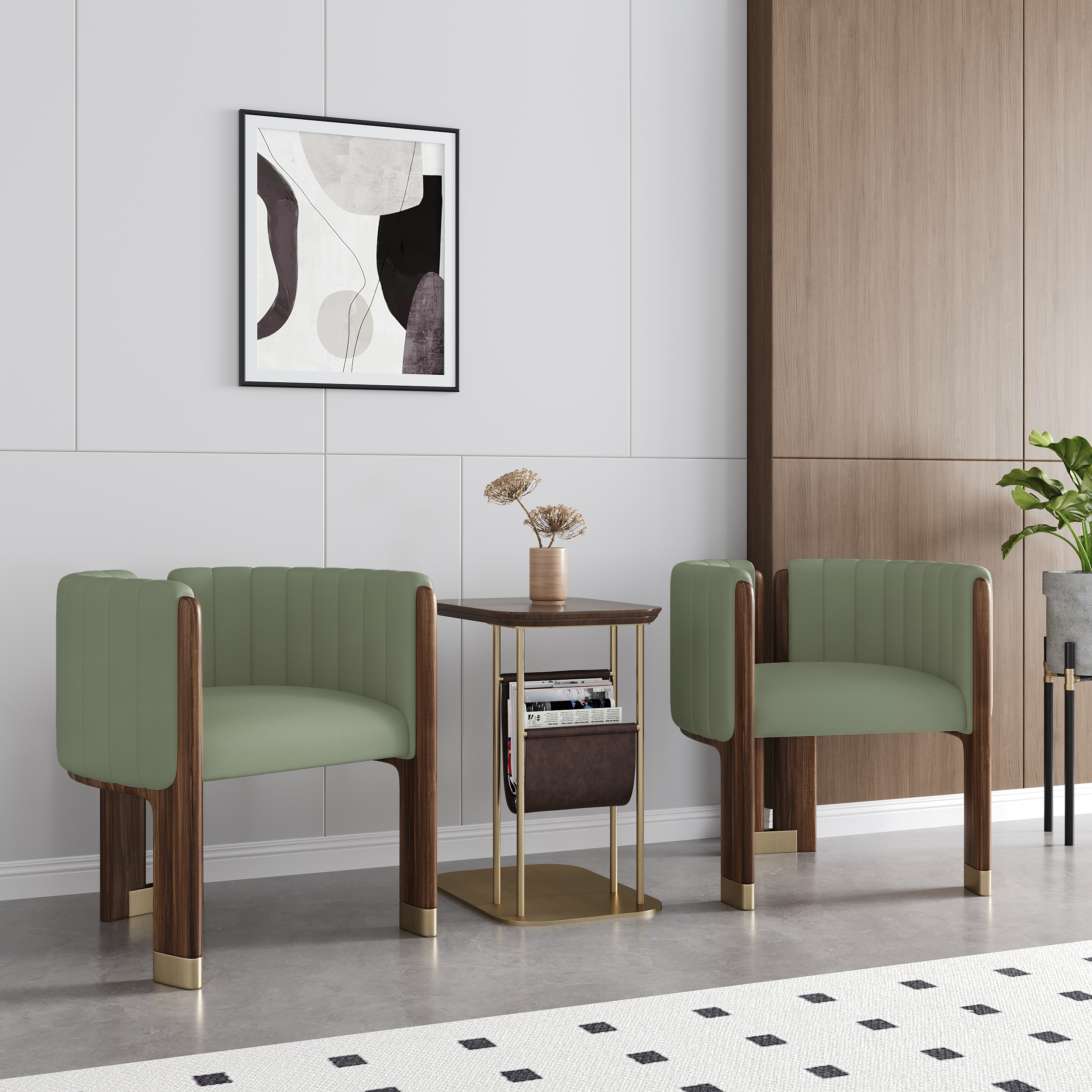 Modern Wood Accent Chair Faux Leather Upholstered Arm Chair