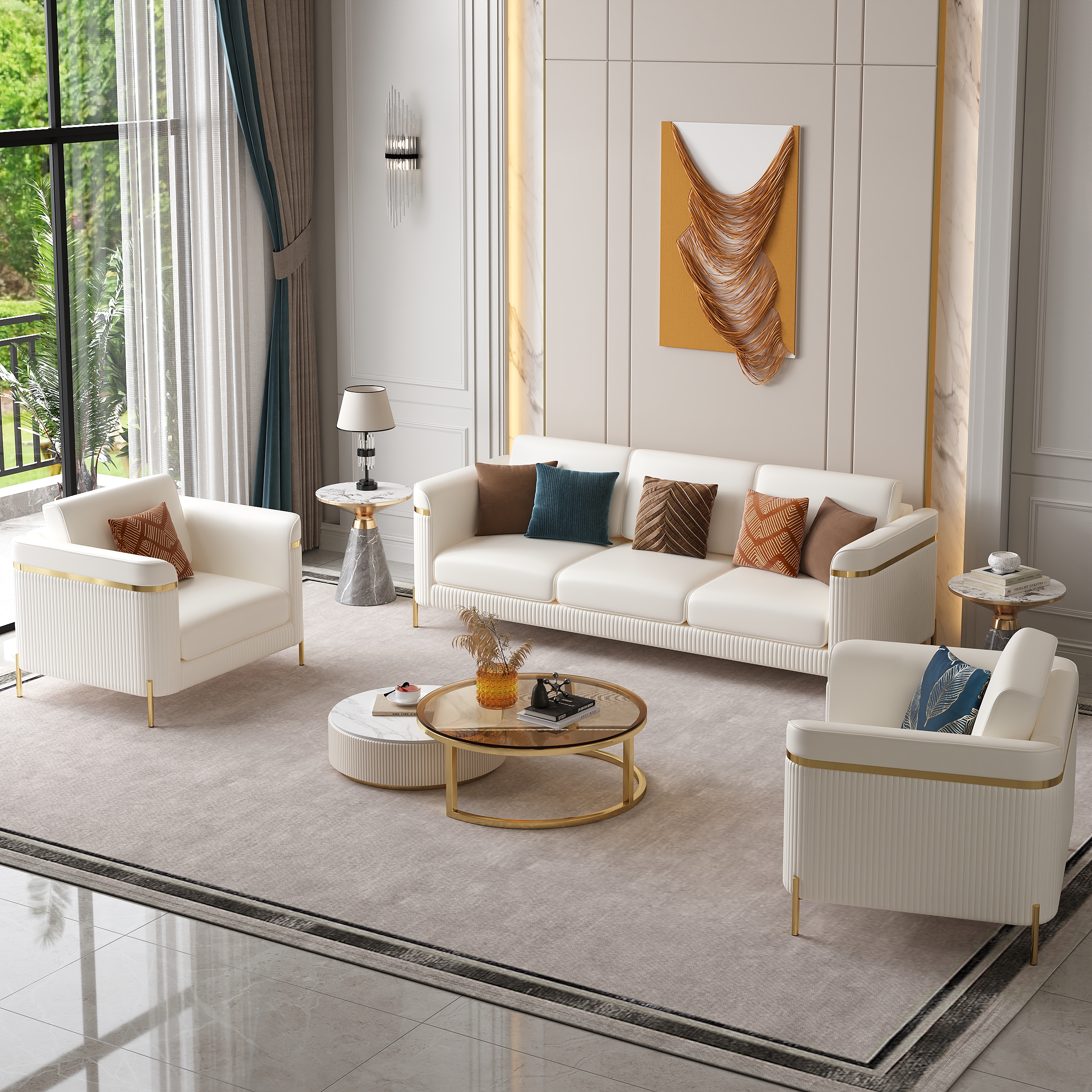 Vertex Modern Leather 3-Piece Living Room Sofa Set