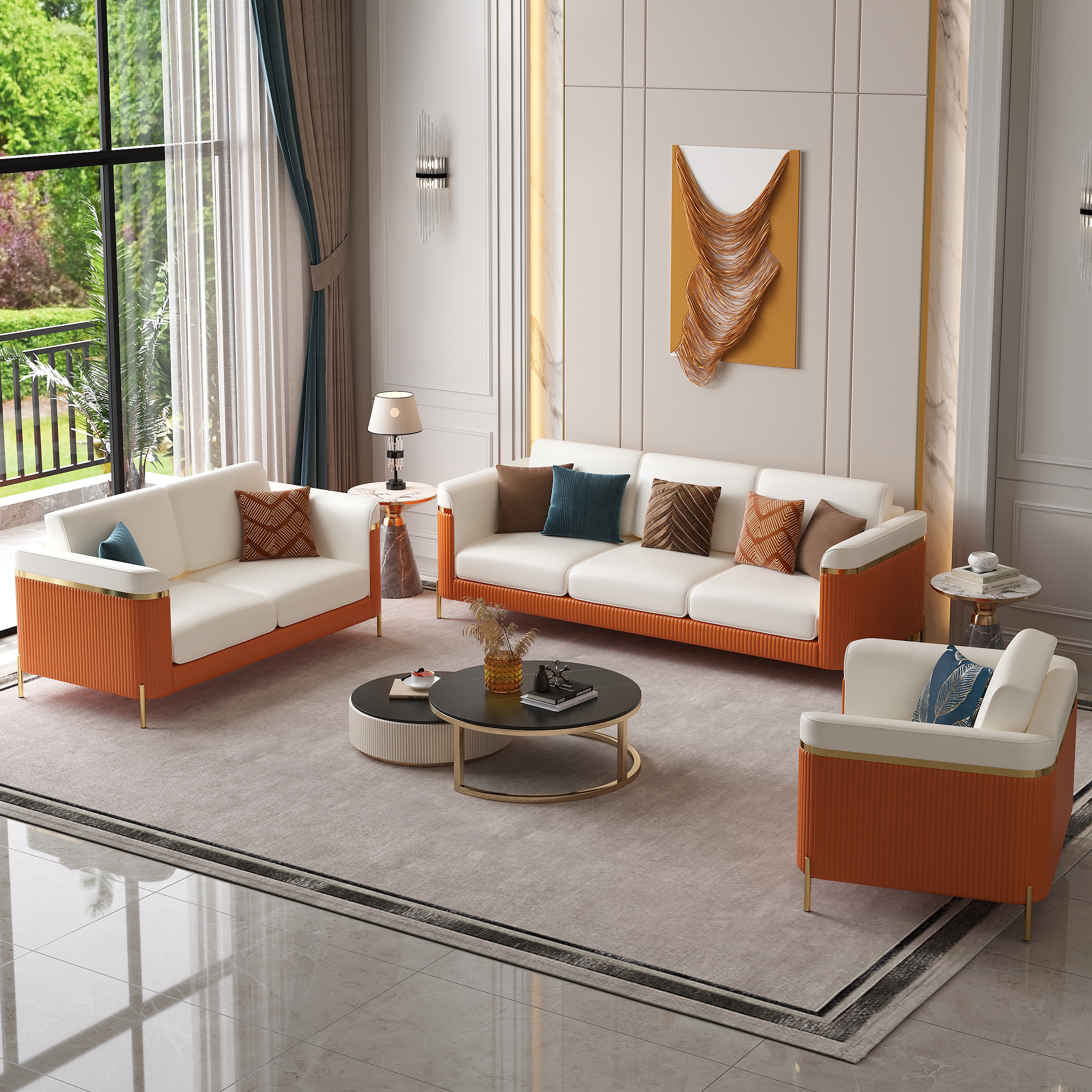 Tissu & Couleur:Faux Cuir Blanc Et Orange | Configuration:Canapé 3+2+1 Places