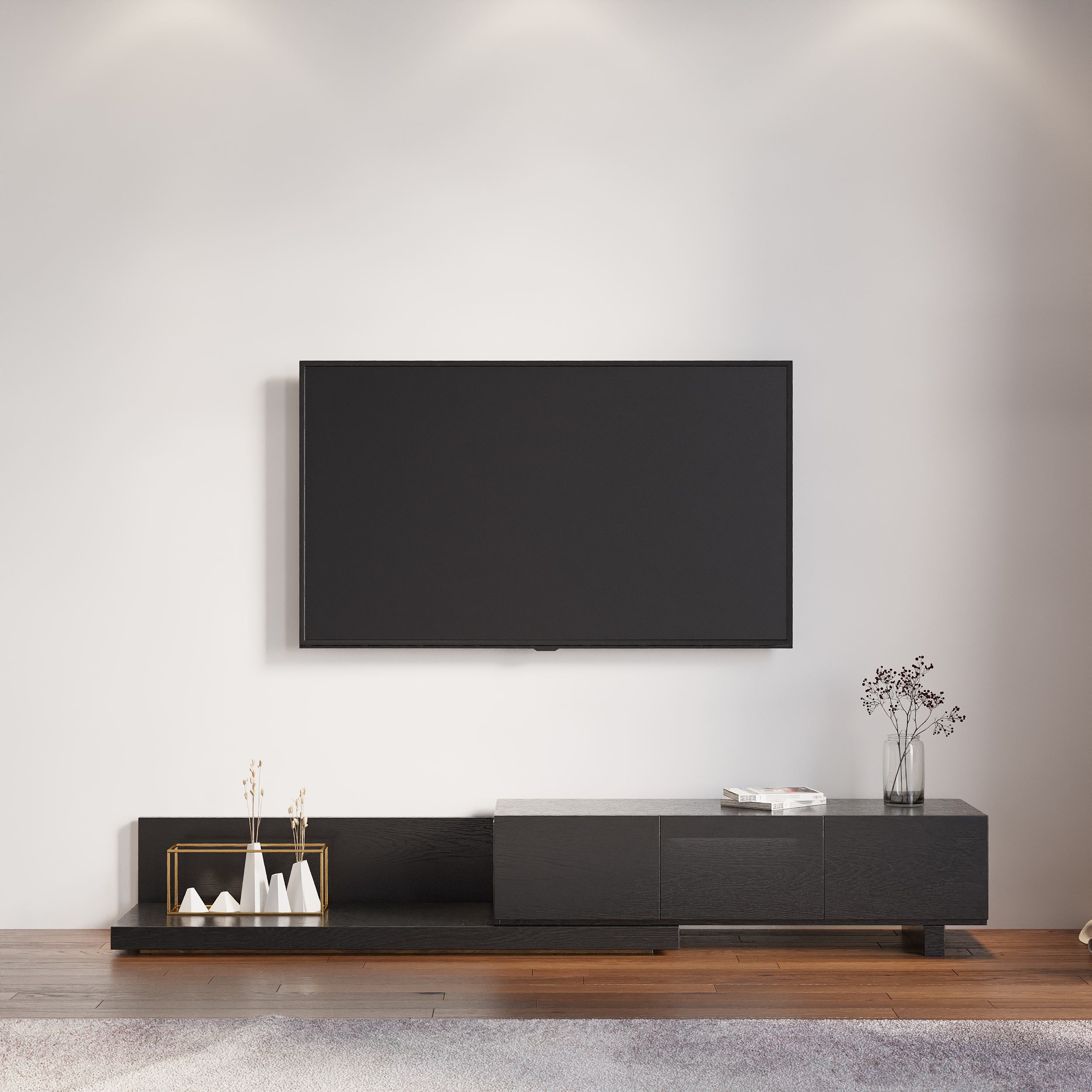 Homary Rectangle Wood Extendable TV Stand Black Floor Media Console with 3 Drawers